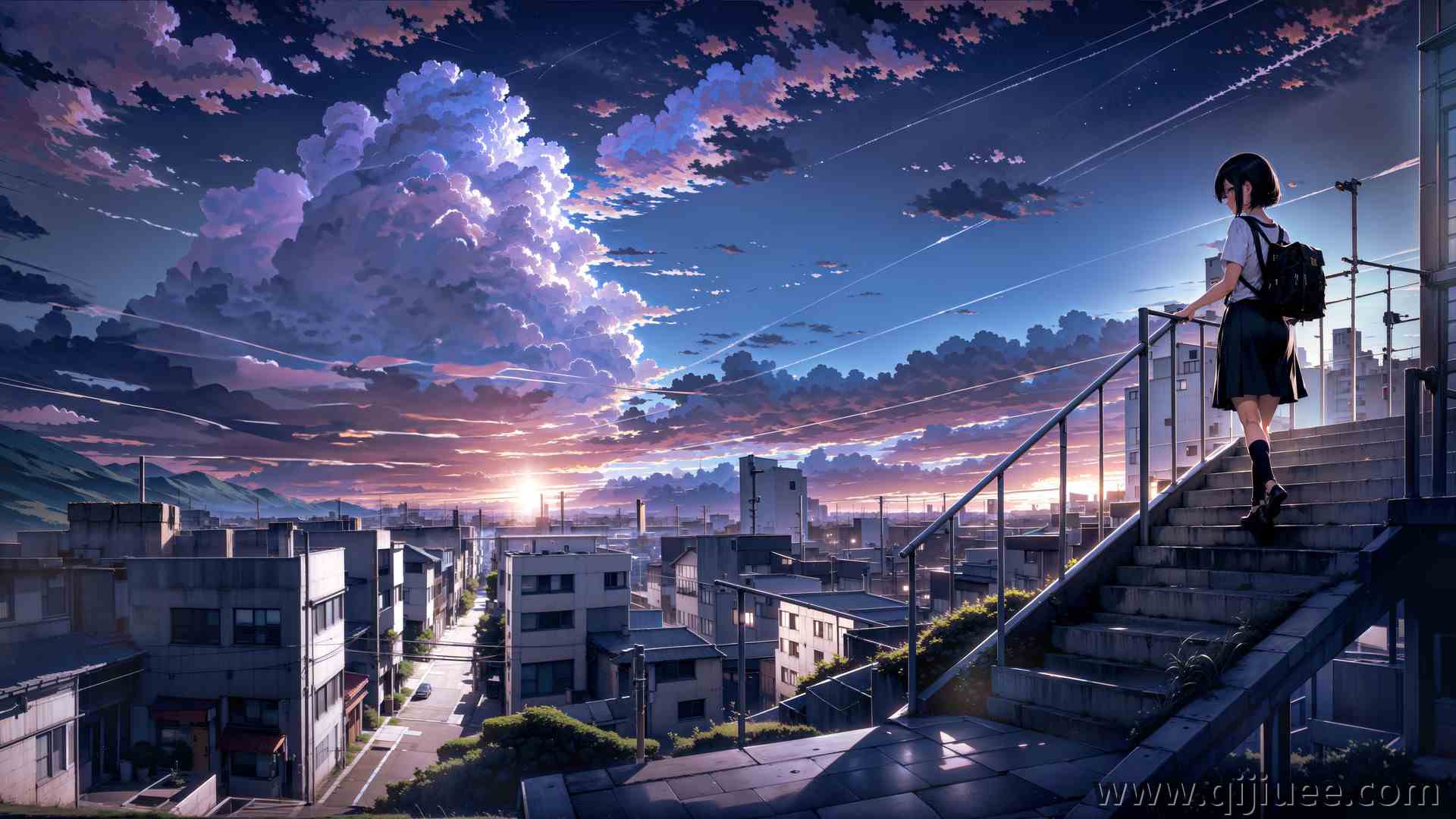 女人 短发 深色头发 女学生  楼梯 校服 夕阳辉光 3840 x 2160/1.78 MB-柒染云阁