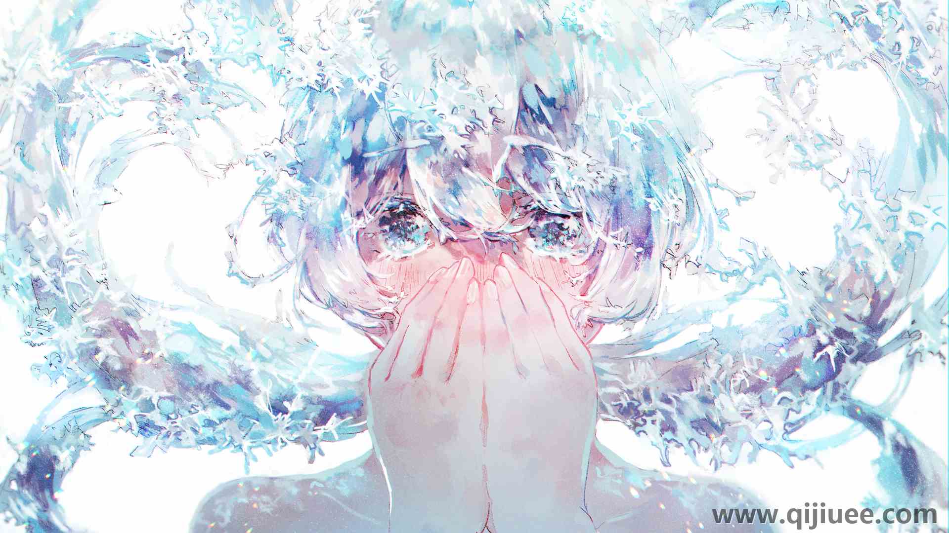 短发 动漫 动漫女孩 水色眼睛 白色背景 水 水花 3840 x 2160/4.38 MB-柒染云阁