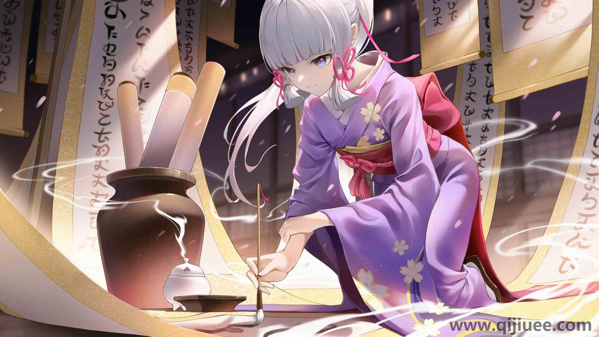 电子游戏角色 白发 蓝眼睛  练习书法的女孩 和服3840 x 2160/1.16 MB-柒染云阁