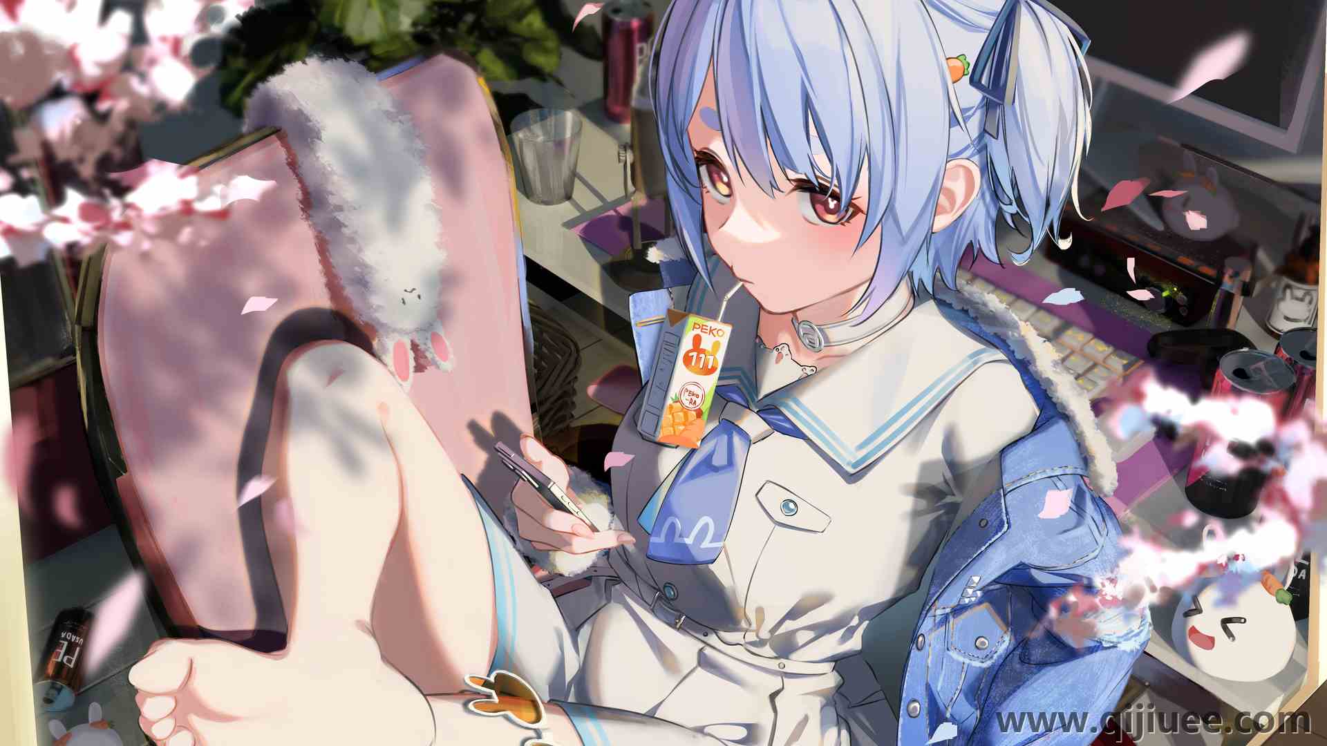 蓝头发 双脚 赤脚 坐着 动漫 动漫女孩 双尾 连衣裙 白色连衣裙 3840 x 2160/1.95 MB-柒染云阁