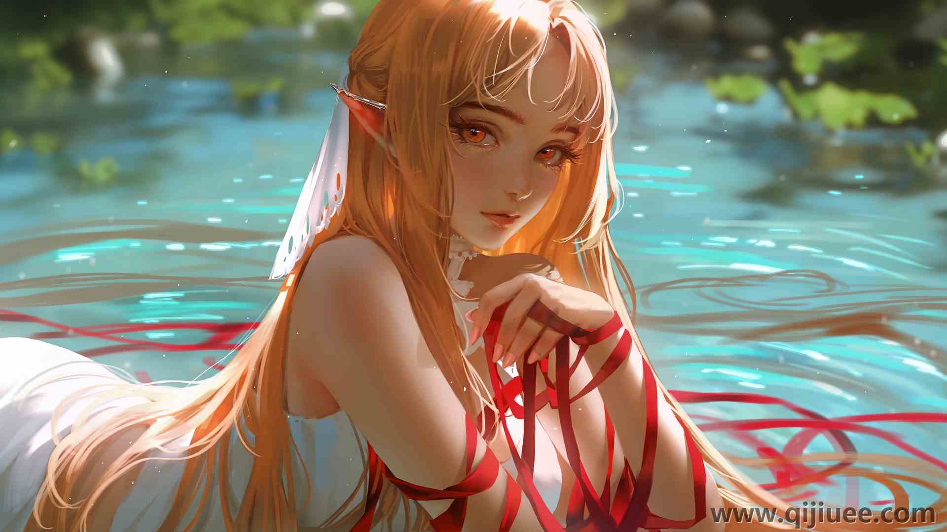 长发 刀剑神域 插图 兽耳 模糊 水 动漫女孩  电脑壁纸 4K壁纸6956 x 3897/10.51 MB-柒染云阁