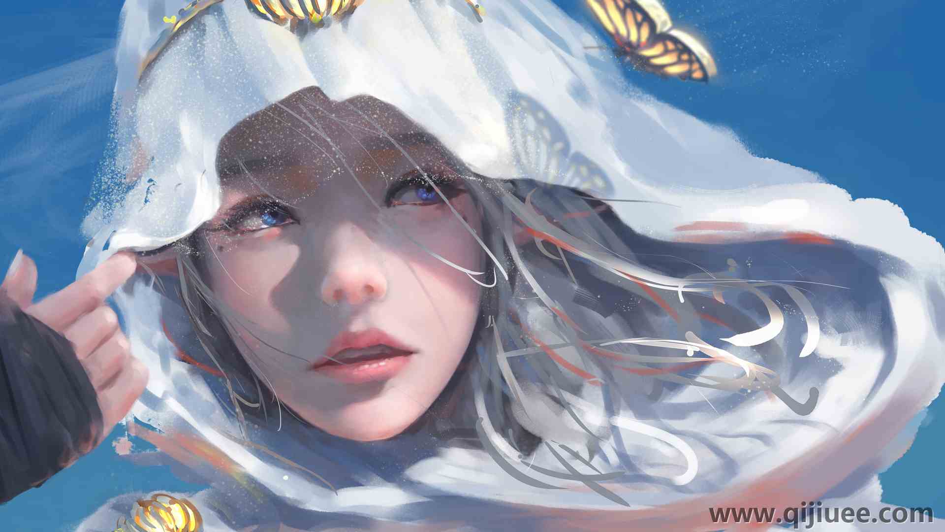 蓝眼睛 梦幻女孩 女人 脸 蝴蝶 兜帽  电脑壁纸 4K壁纸4964 x 3259/6.4 MB-柒染云阁