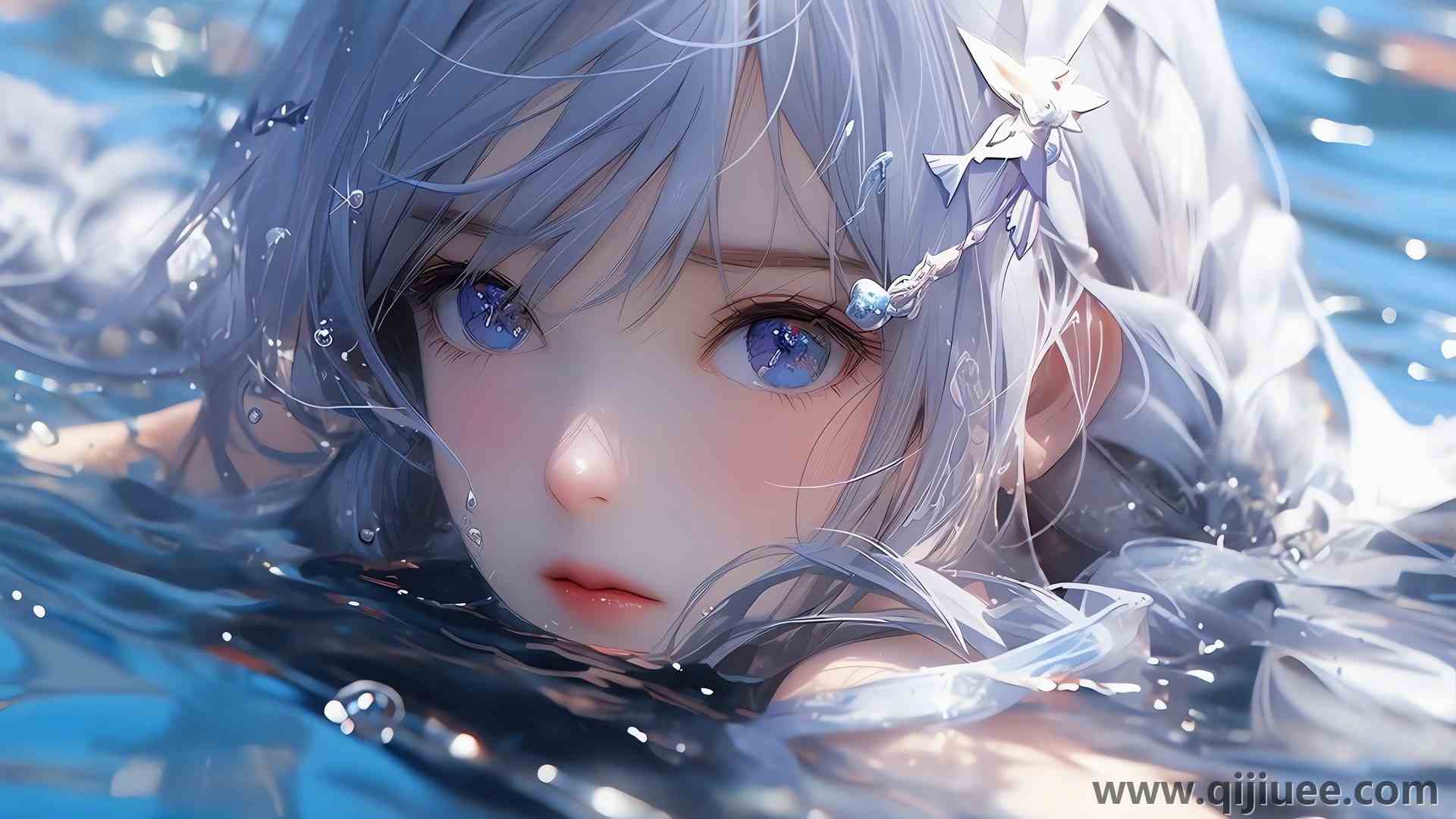 蓝眼睛 长发 水 水中女孩 银发  电脑壁纸 4K壁纸3840 x 2160/1.38 MB-柒染云阁