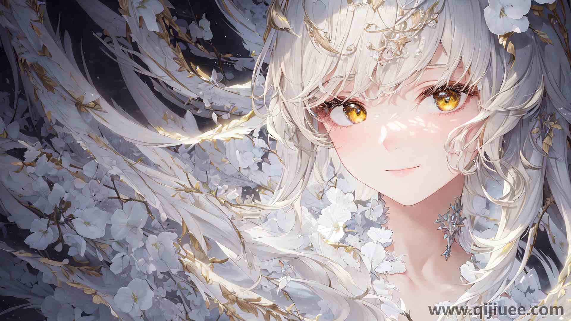 白发 长发 动漫 动漫女孩 黄眼睛 鲜花 白色衣服  电脑壁纸 4K壁纸5120 x 3840/3.37 MB-柒染云阁