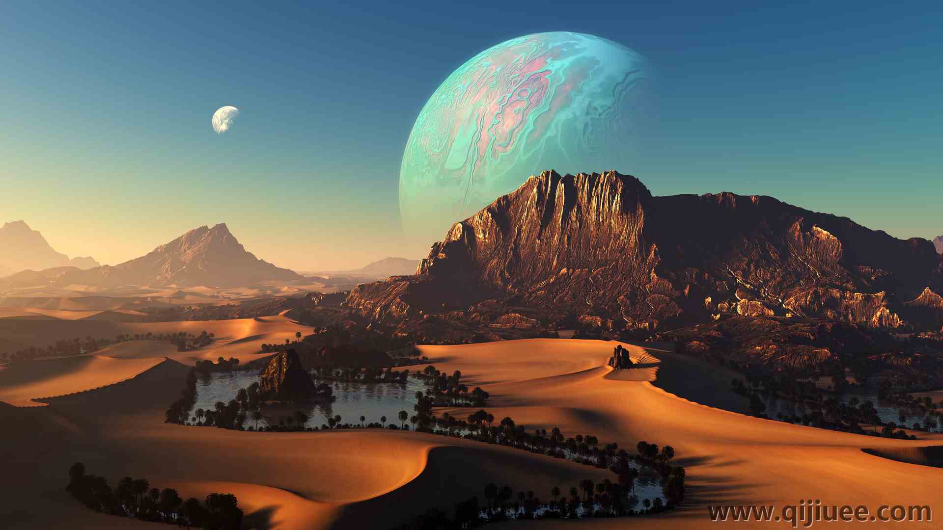 AI艺术 自然 风景 沙漠 绿洲 行星 山脉 沙子 棕榈树  电脑壁纸 4K壁纸5120 x 2880/17.16 MB-柒染云阁
