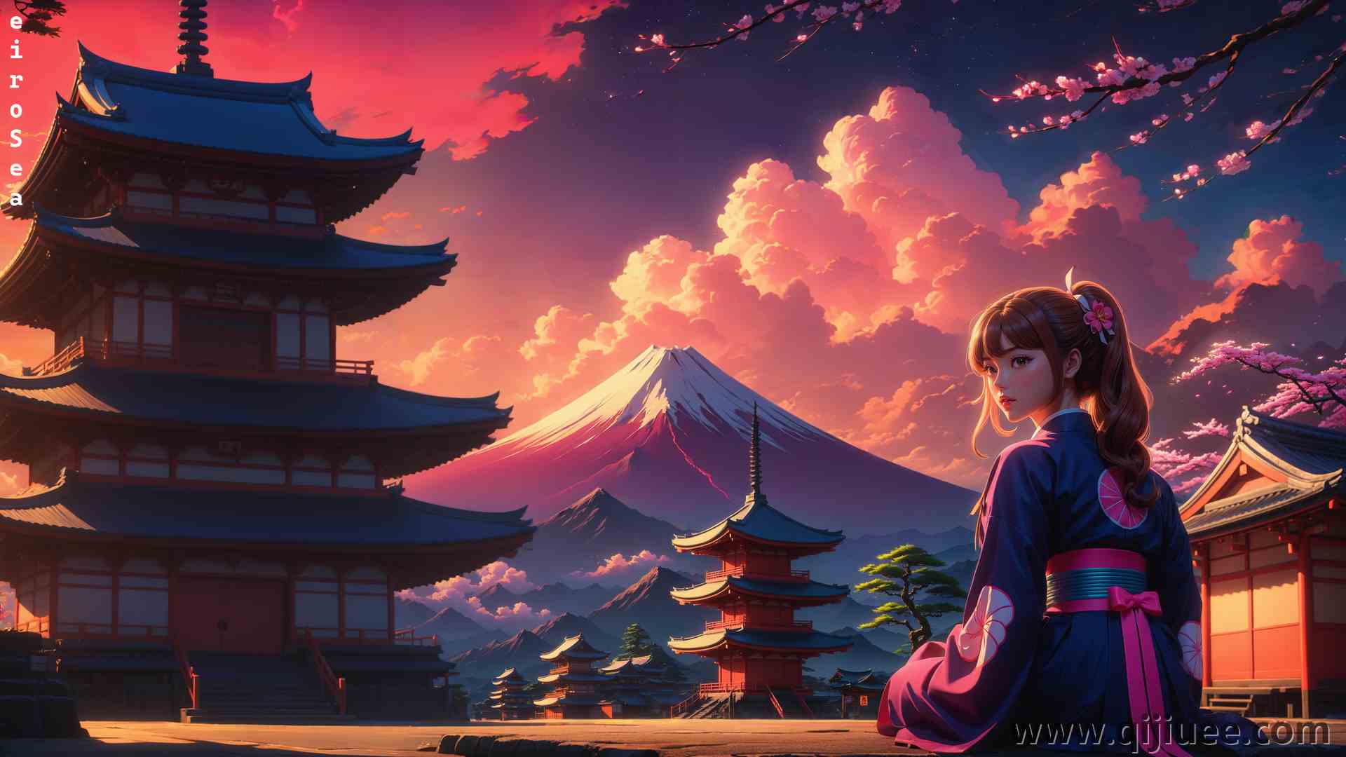 长发 插图 AI艺术 数字艺术 肖像 山 云 寺庙 和服 电脑壁纸 4K壁纸5120 x 3072/13.57 MB-柒染云阁