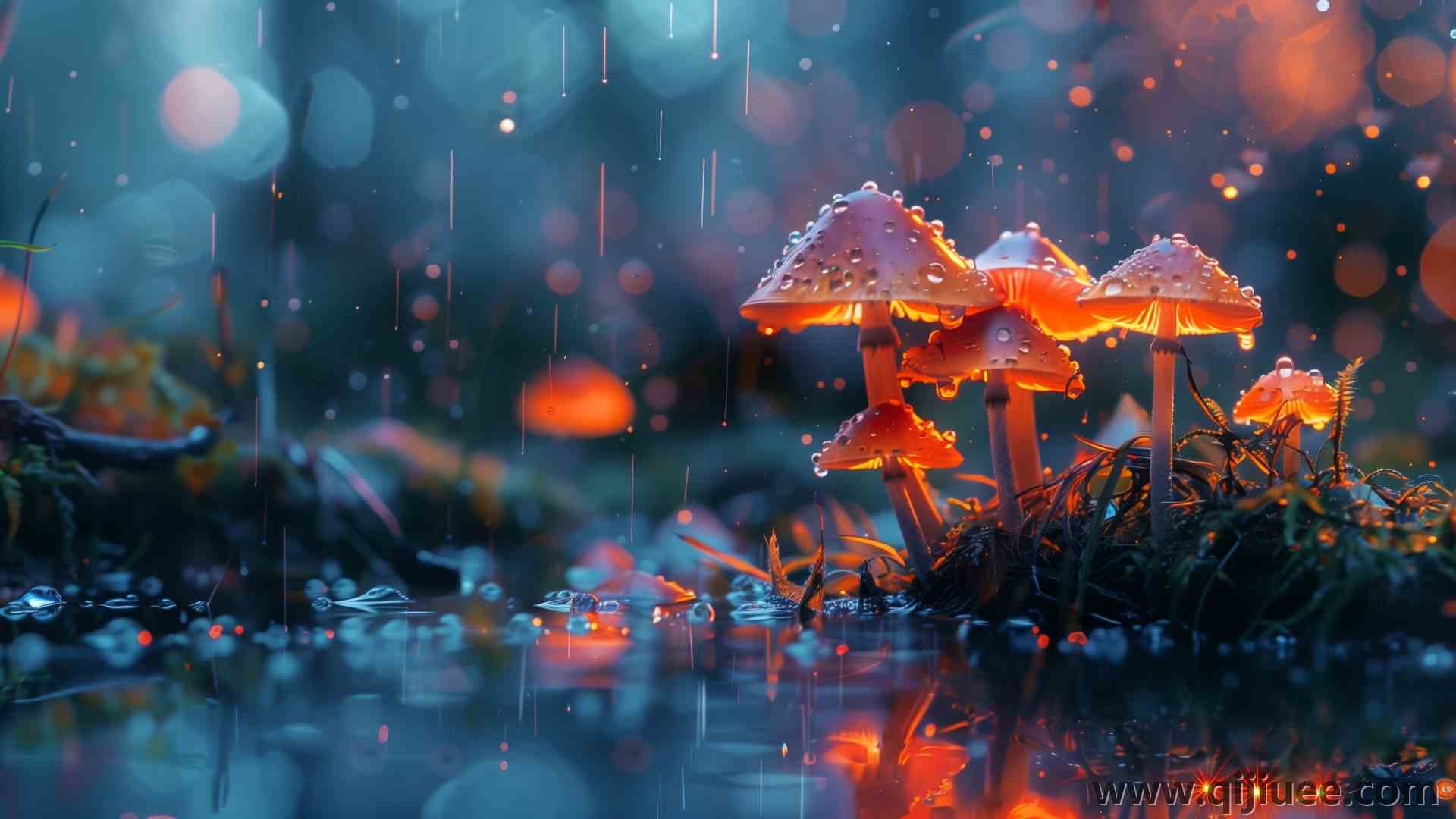 蘑菇 雨 发光 蓝色 电脑壁纸 4K壁纸5824 x 3264/14.33 MB-柒染云阁