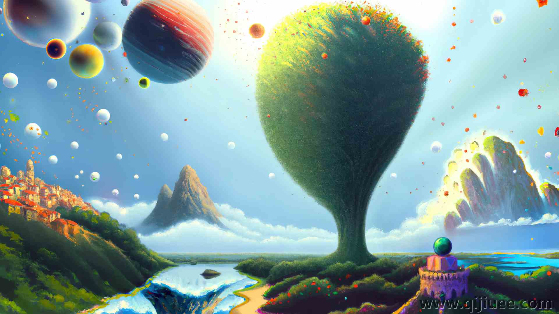 艺术 绘画 幻想艺术 风景 树木 村庄 城镇 山 湖 行星  电脑壁纸 4K壁纸3840 x 2160/9.47 MB-柒染云阁