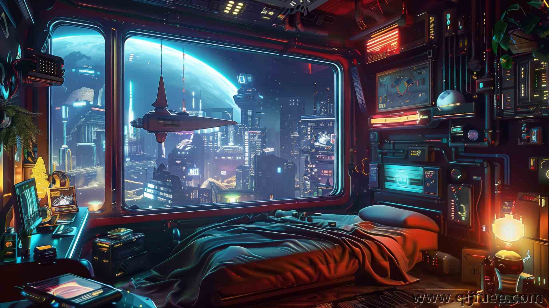 人工智能艺术 插图 赛博朋克 室内 床 窗户 电脑贴纸 4K贴纸5824 x 3264/16.26 MB-柒染云阁