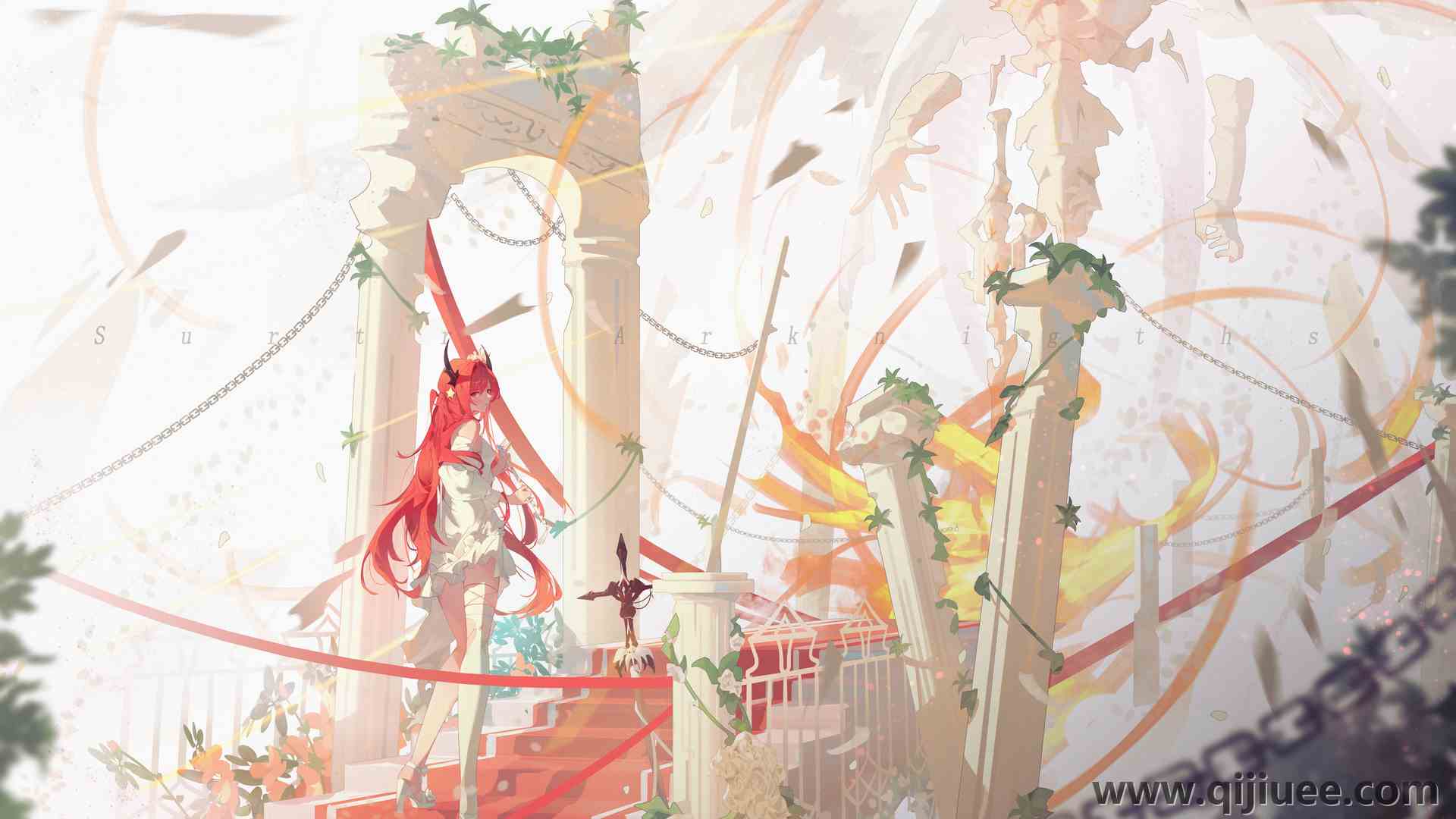 长发 红发 动漫 女孩 神枪手 楼梯 骑士 紫色 眼睛 柱子 链子 高跟鞋 花 长腿 电脑壁纸 8K壁纸8000 x 5346/18.15 MB-柒染云阁
