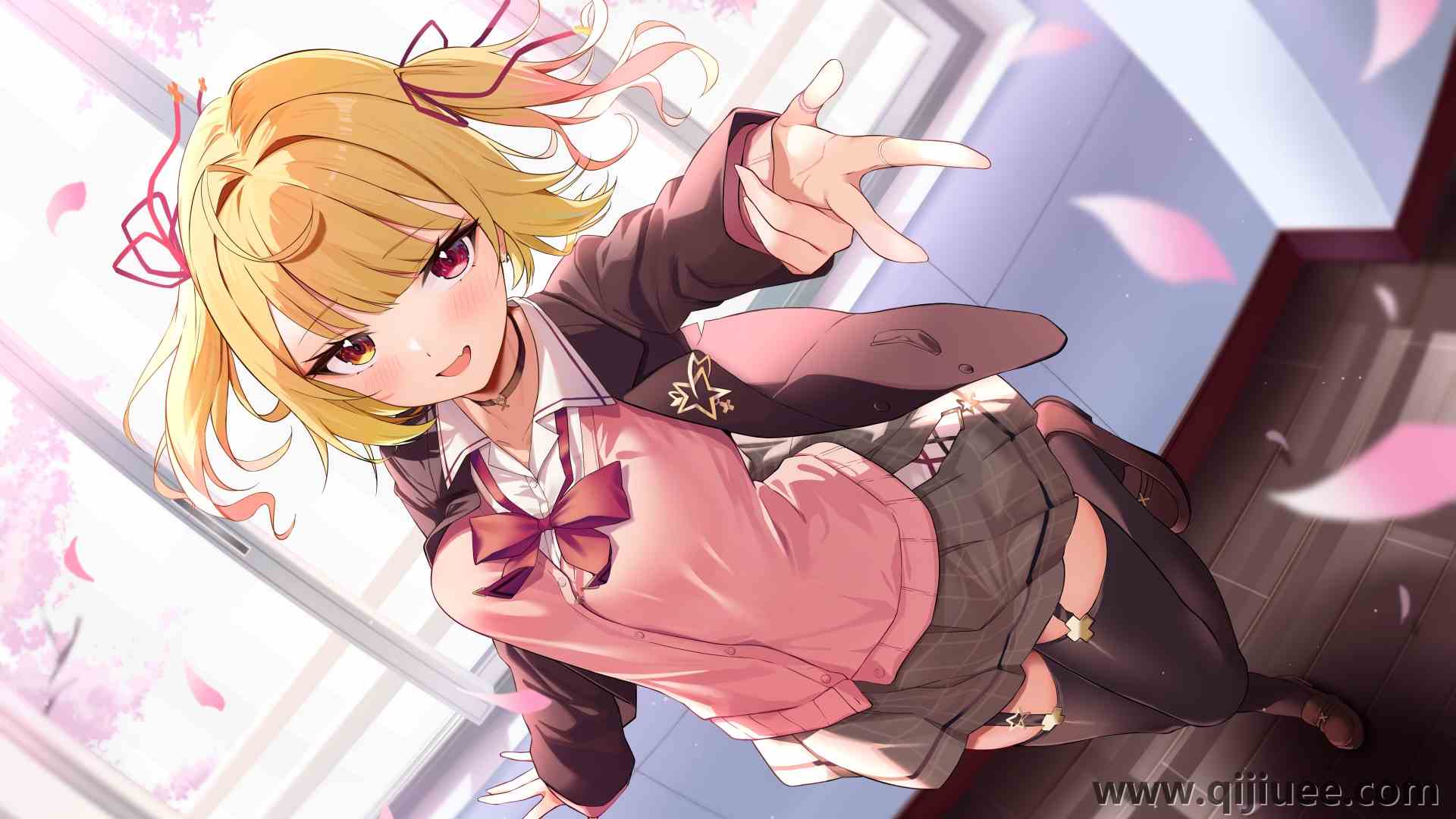 女学生 金发 动漫 女孩 校服 花瓣 脸红 伸手 窗户 领结  电脑壁纸 8K壁纸8350 x 4906/3.72 MB-柒染云阁