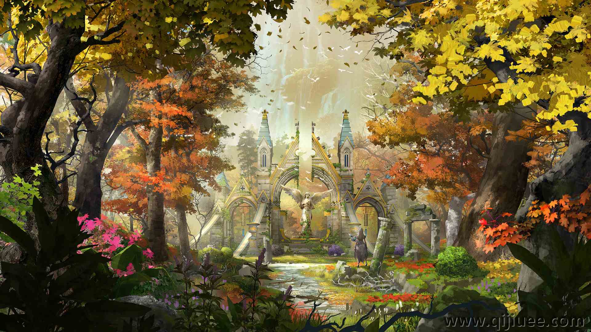 AI艺术 建筑 幻想艺术 树木 树叶 城堡 秋天 自然 雕塑 落叶 天使  电脑壁纸 4K壁纸3840 x 2160/15.3 MB-柒染云阁