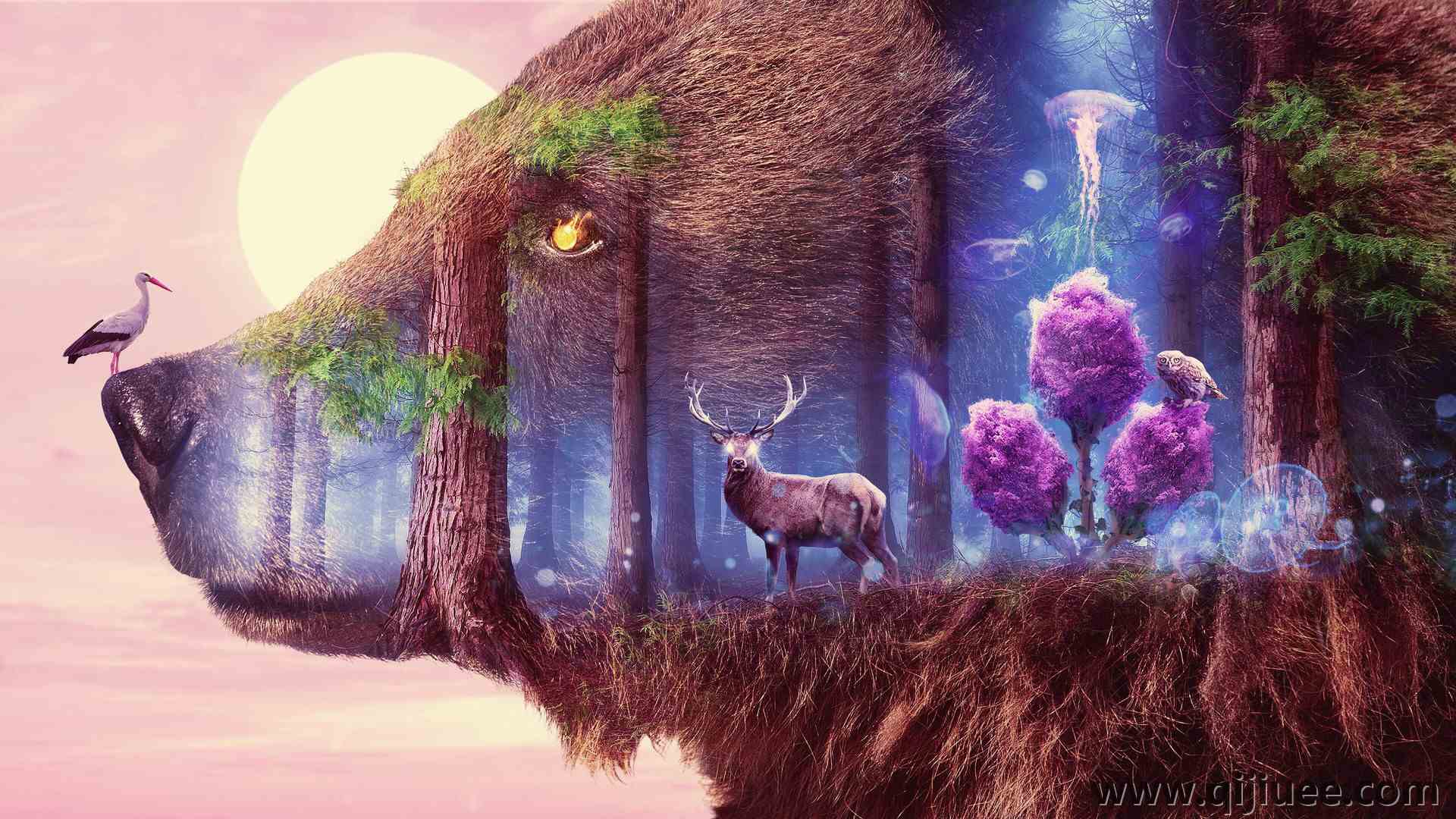 AI艺术 插图 自然 树木 森林 奇幻艺术 动物 鹿 狼 灯 风景 猫头鹰 水母  电脑壁纸 4K壁纸3840 x 2160/2.65 MB-柒染云阁