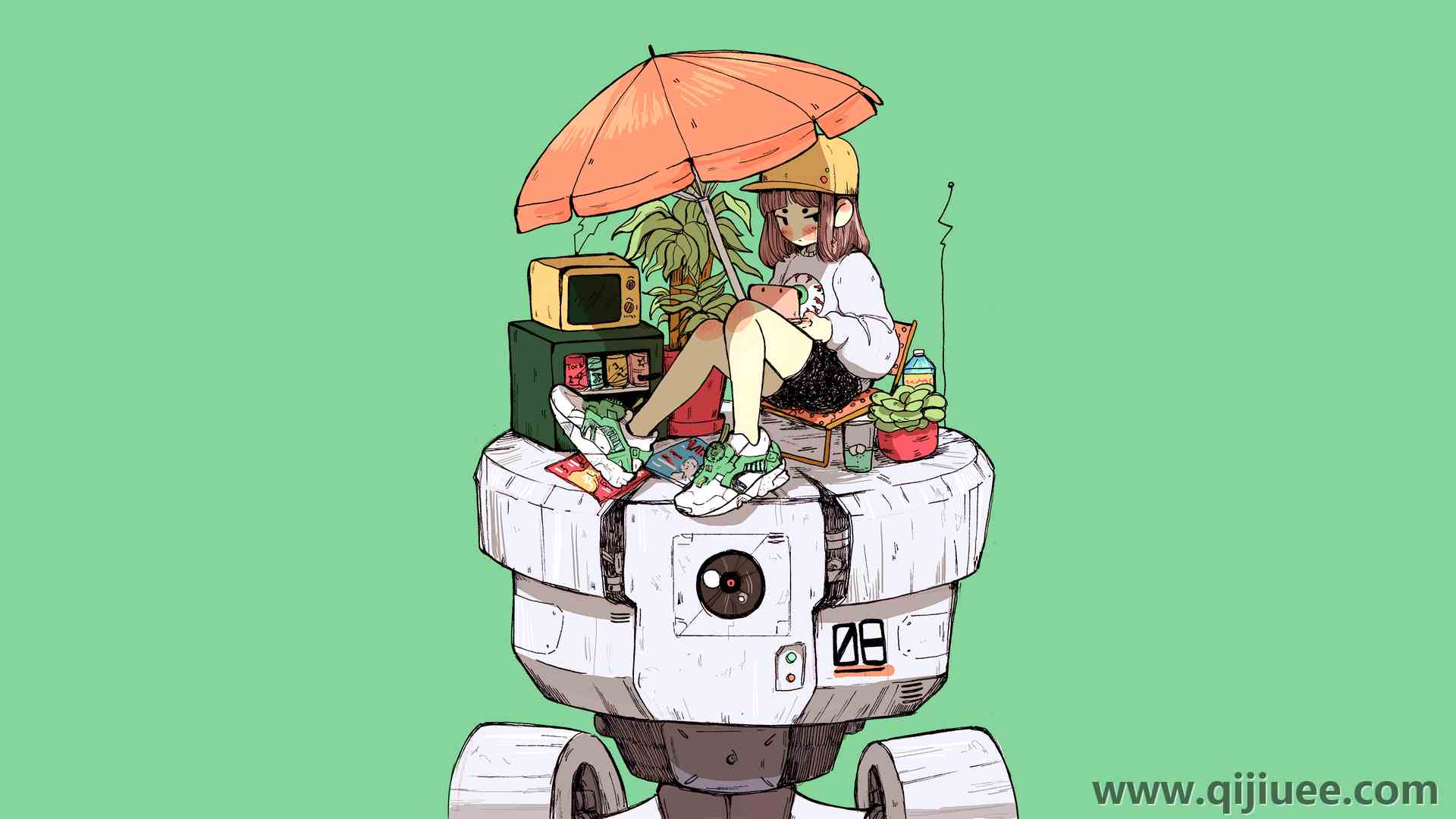 动漫女孩 漫画 阳伞 简单背景 动漫 机甲 绿色 护眼 电脑壁纸 4K壁纸4600 x 2588/3.43 MB-柒染云阁