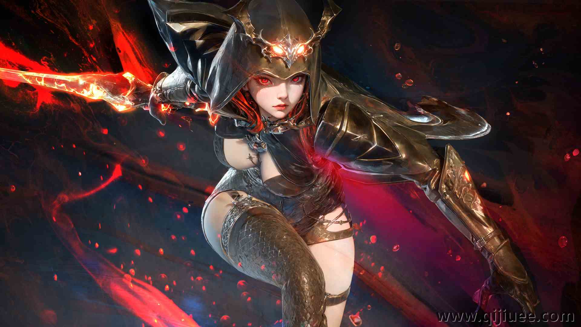 战士 幻想女孩 红发 女人 绘画 兜帽 幻想艺术 数字艺术 火 武器 盔甲  电脑壁纸 4K壁纸3840 x 2160/1.57 MB-柒染云阁