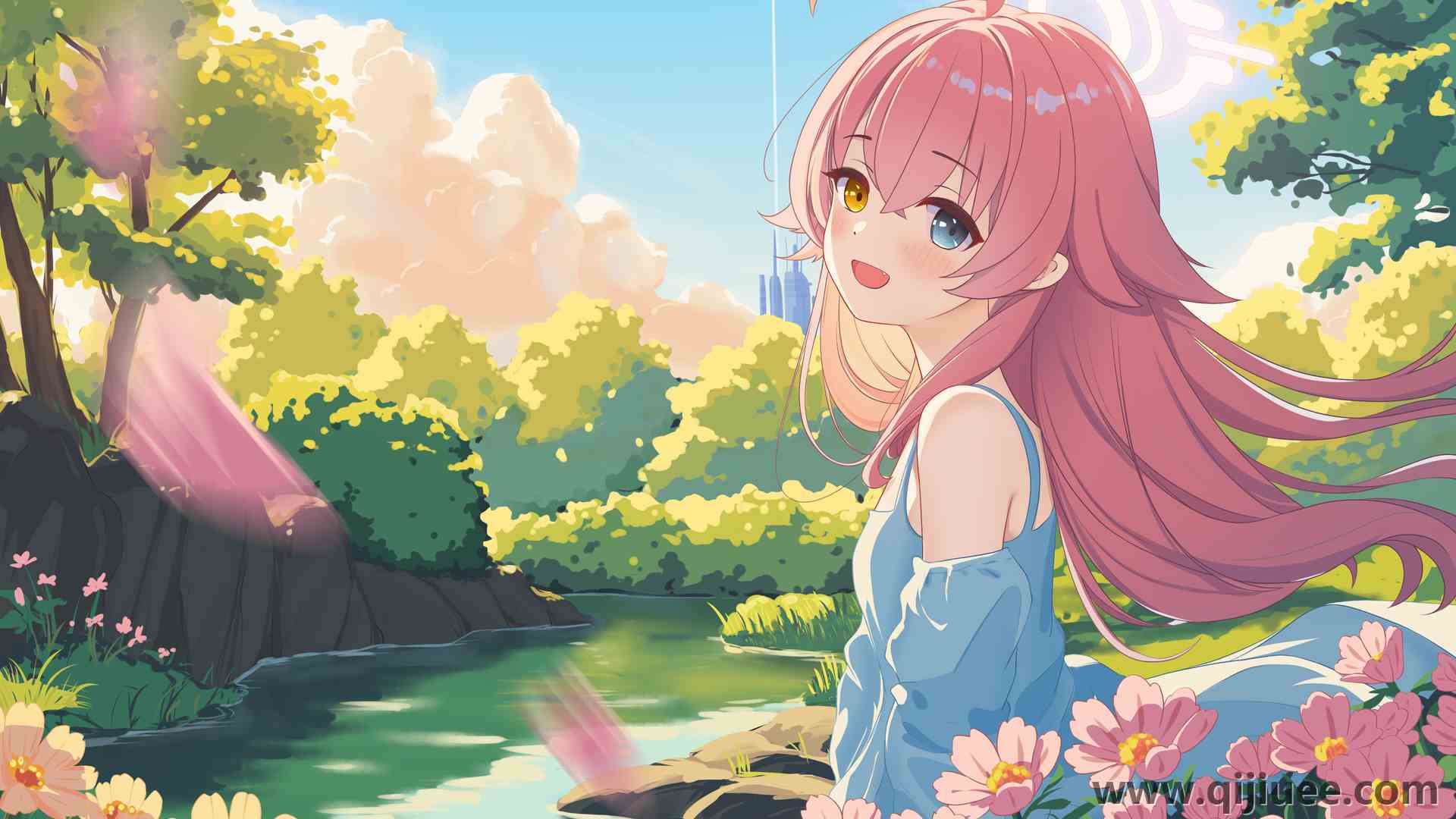 长发 异瞳 头发 站立 肩膀 动漫 动漫女孩 水 风 花 树 脸红 蔚蓝档案 电脑壁纸 4K壁纸3840 x 2560/6.82 MB-柒染云阁