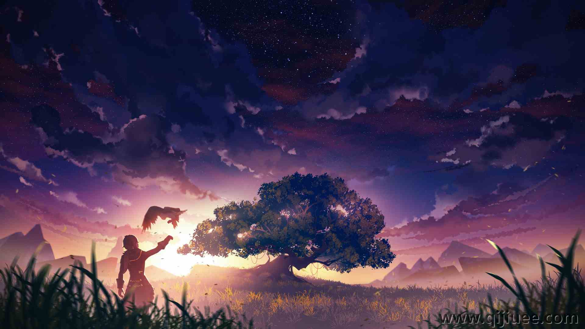 原神 艺术品 动漫 动漫男孩 树木 田野 草 日落 星空 天空 云 树叶 夕阳 阳光 游戏 电脑壁纸 4K壁纸4000 x 2250/5.33 MB-柒染云阁