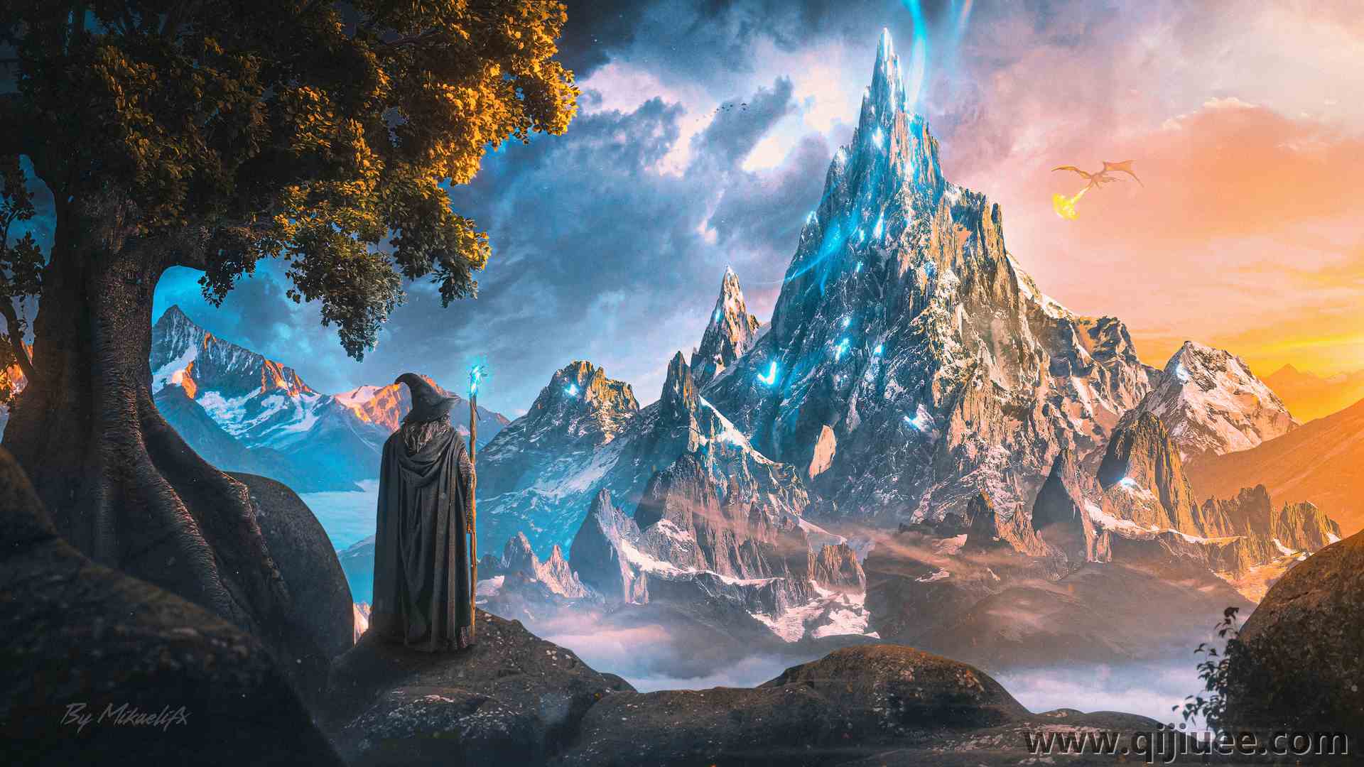 米凯莉 魔术师 甘道夫 风景 自然 奇幻艺术 树木 山脉 天空 岩石 龙 日落 云 指环王  电脑壁纸 4K壁纸4499 x 2160/6.53 MB-柒染云阁
