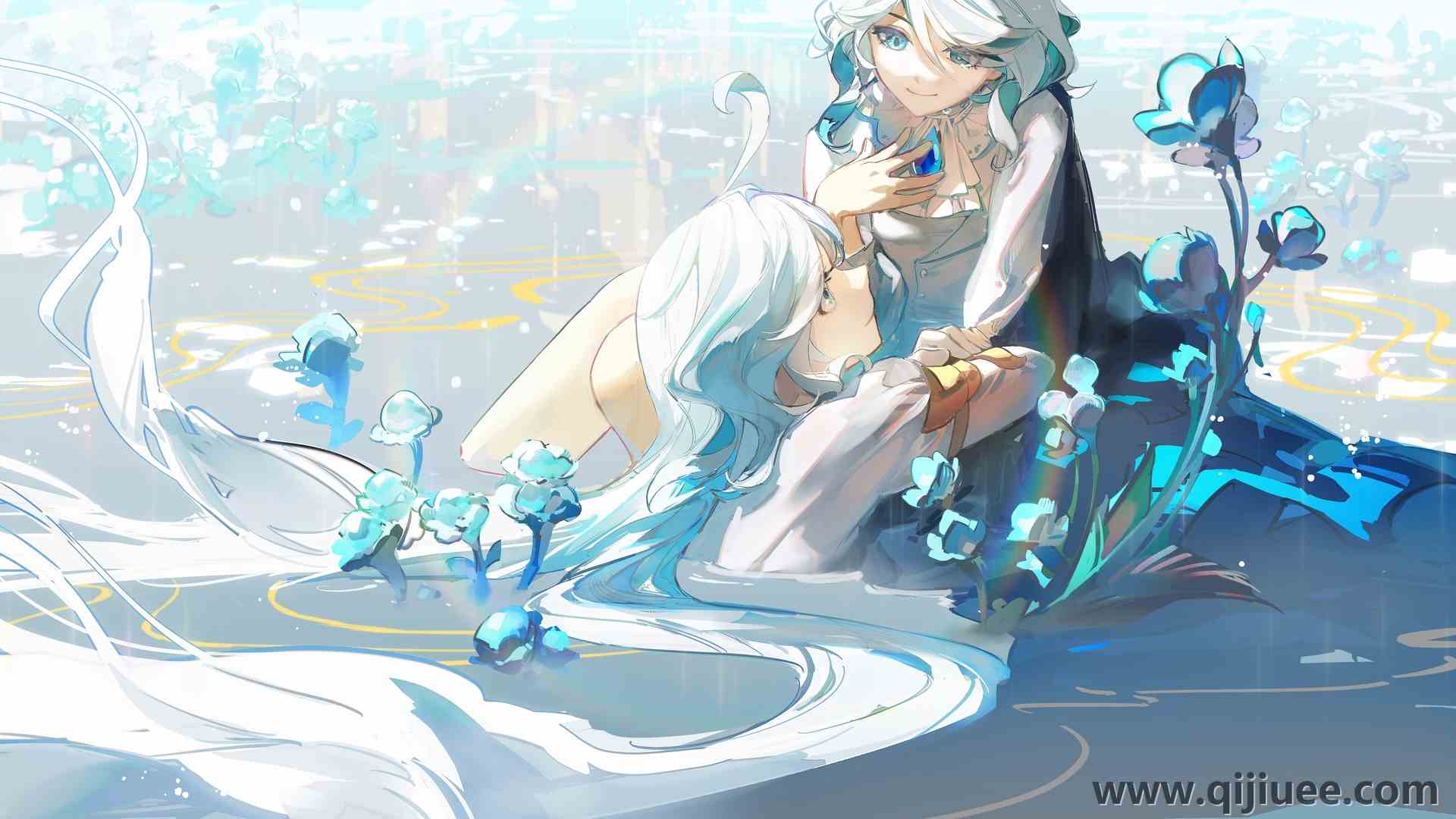 蓝色头发 长发 动漫 动漫女孩 水 阳光 宝石 4K壁纸4800 x 2700/2.63 MB-柒染云阁