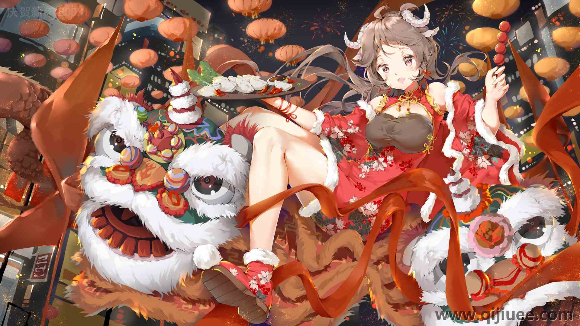 长发 艾雅法拉 骑士 夜晚 骑士 城市灯光 动漫女孩 龙 兽耳 旗袍 中式服装 烟花 春节 4K壁纸6667 x 3750/11.02 MB-柒染云阁