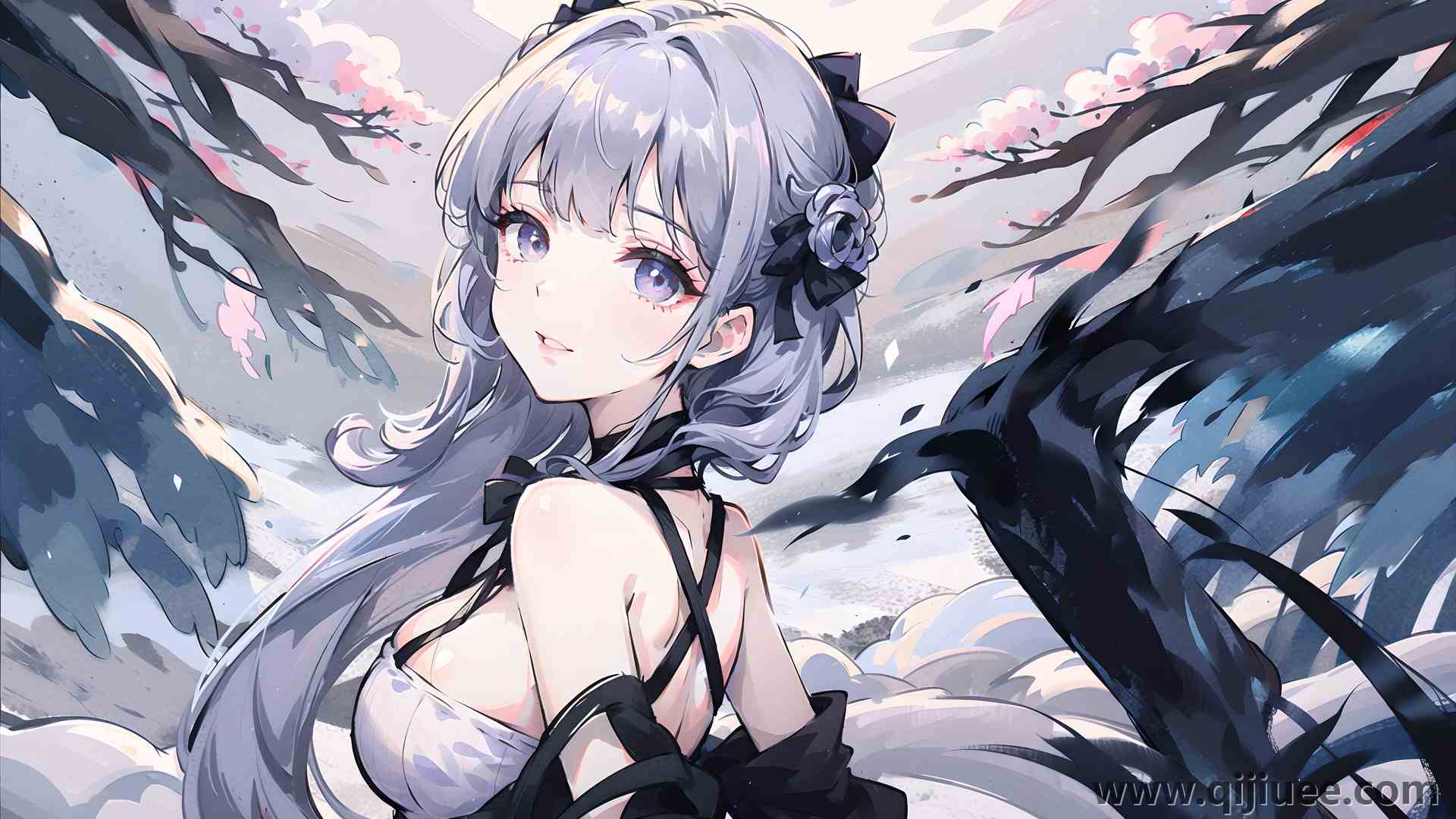 长发 艺术 银发 动漫女孩 雪 树枝 鲜花 紫色眼睛  4K壁纸3840 x 2400/10.84 MB-柒染云阁