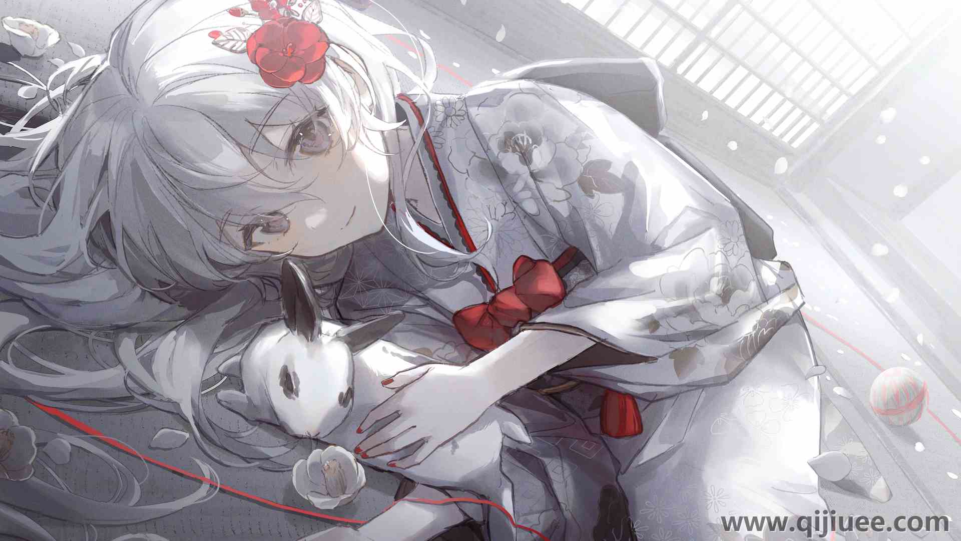 灰色的眼睛 微笑 长发 动漫女孩 和服 花 银发 兔子 4K壁纸4093 x 2894/15.36 MB-柒染云阁