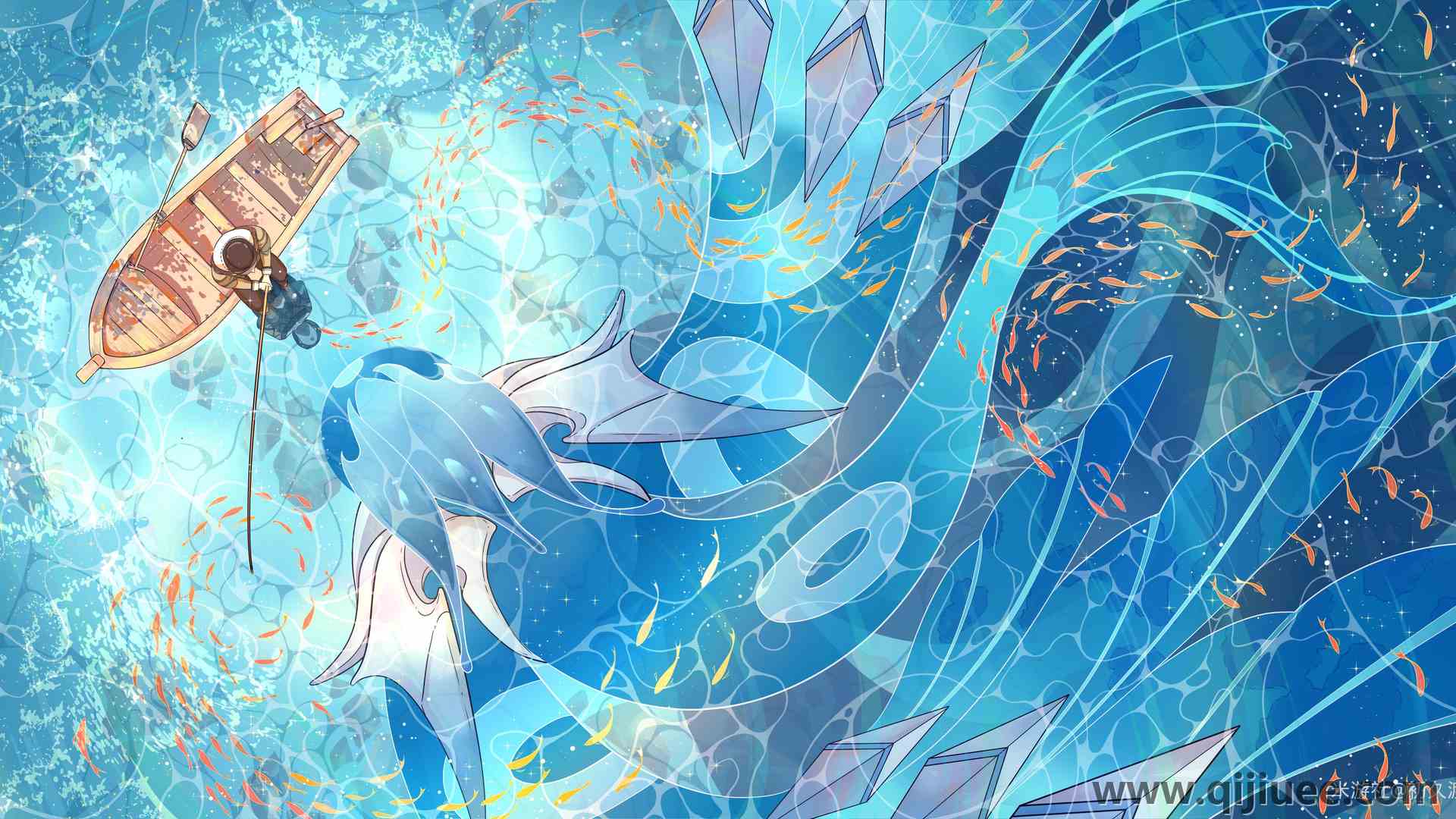 动漫男孩 生物 水 鱼 动物 船 钓鱼 原神 人鱼 8K壁纸7807 x 4114/5.18 MB-柒染云阁