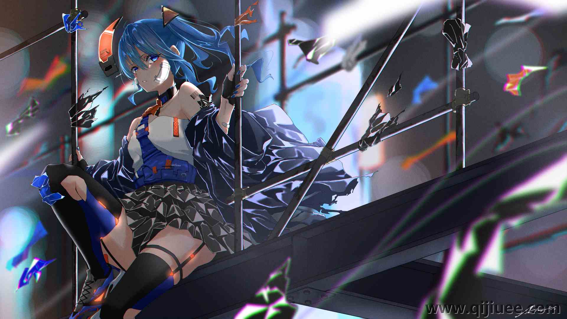蓝色头发 蓝色眼睛 虚拟 绷带 黑色裙子 吊袜带 动漫女孩  4K壁纸3920 x 2205/19.94 MB-柒染云阁