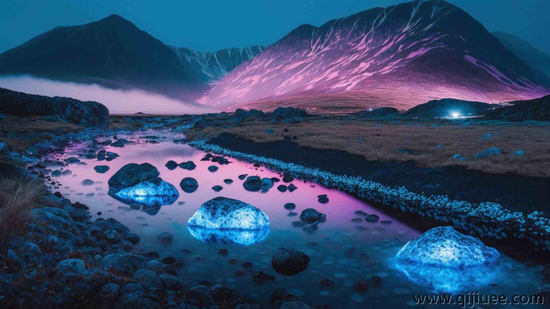 艺术 生物发光 紫色 蓝色 水 山脉 自然  4K壁纸4579 x 2616/1.96 MB-柒染云阁
