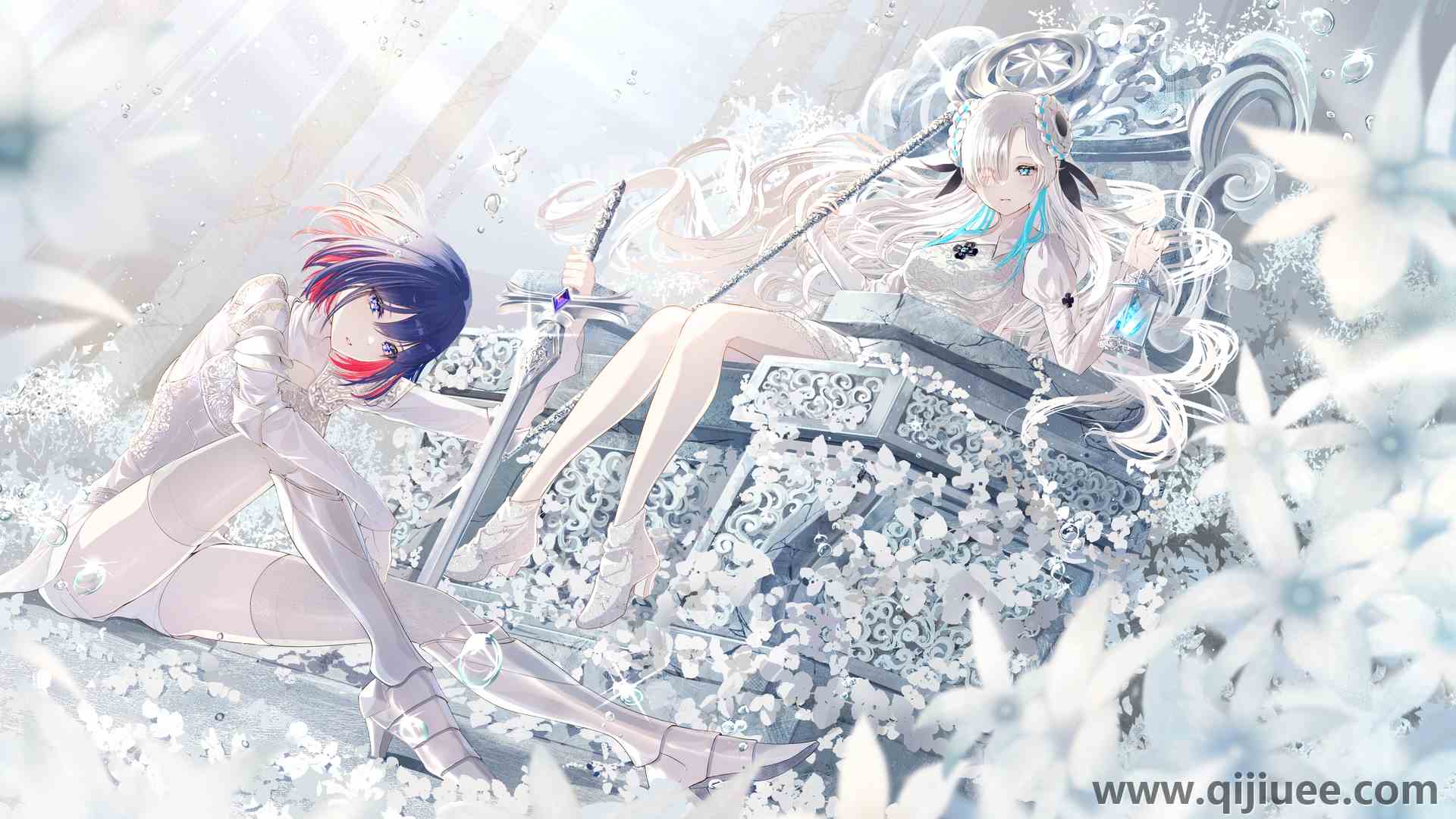 长发 短发 白色头发 蓝色眼睛 双色头发 剑 杖 白花 王座 动漫女孩 武器 鲜花  4K壁纸3907 x 2378/11.94 MB-柒染云阁