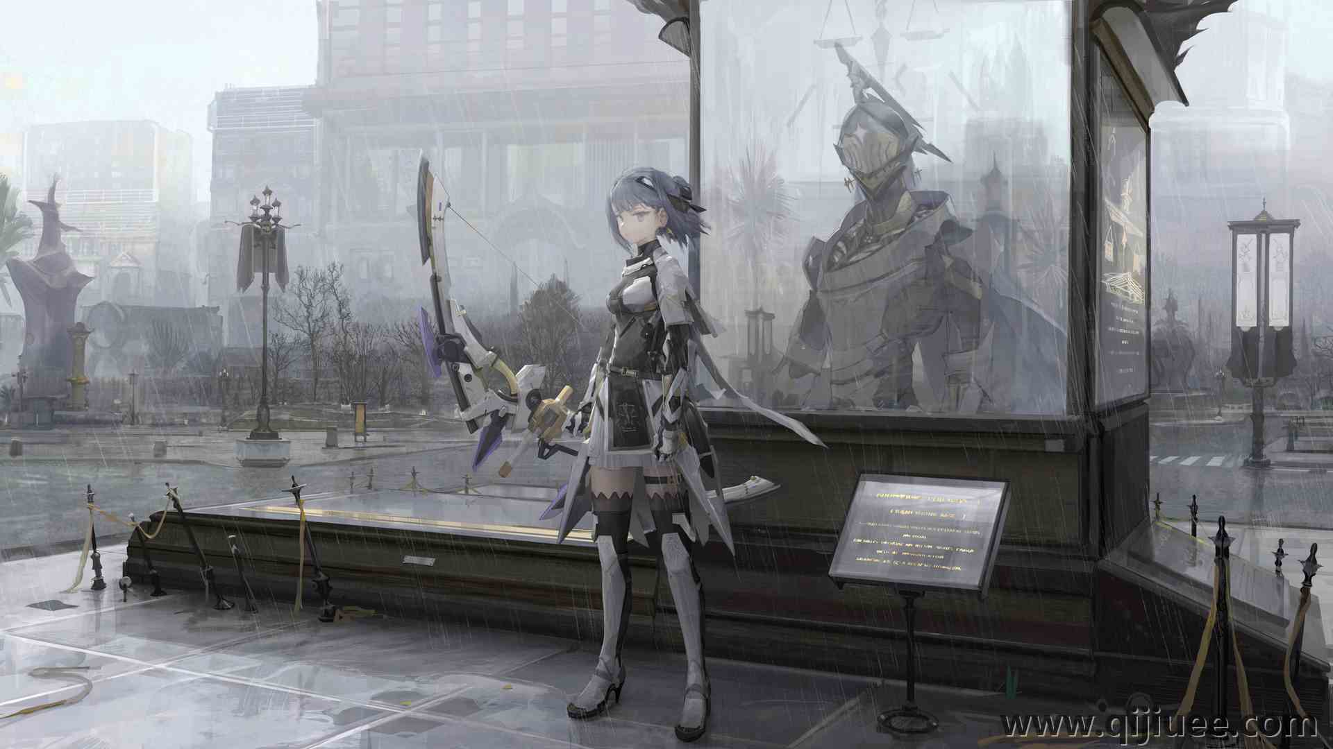 站立 短发 盔甲 蝴蝶结女孩 惩罚 灰色乌鸦 艾丽莎 雨 建筑 城市 动漫女孩 8K壁纸7680 x 4320/12.47 MB-柒染云阁