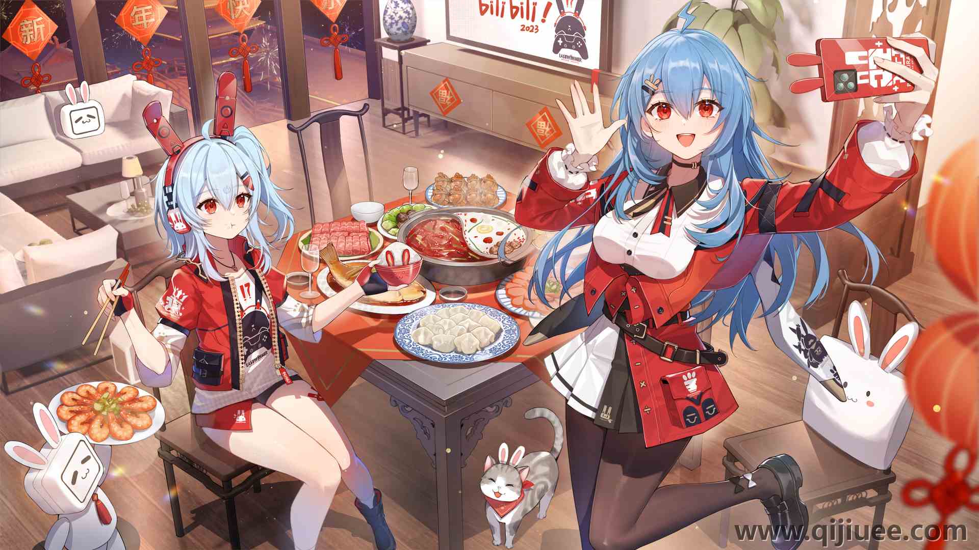 手 动漫女孩 食物 筷子 电话 自拍 兔子耳朵 猫 动物 耳机  22娘 33娘 新年 春节 年夜饭 4K壁纸4331 x 2436/2.39 MB-柒染云阁