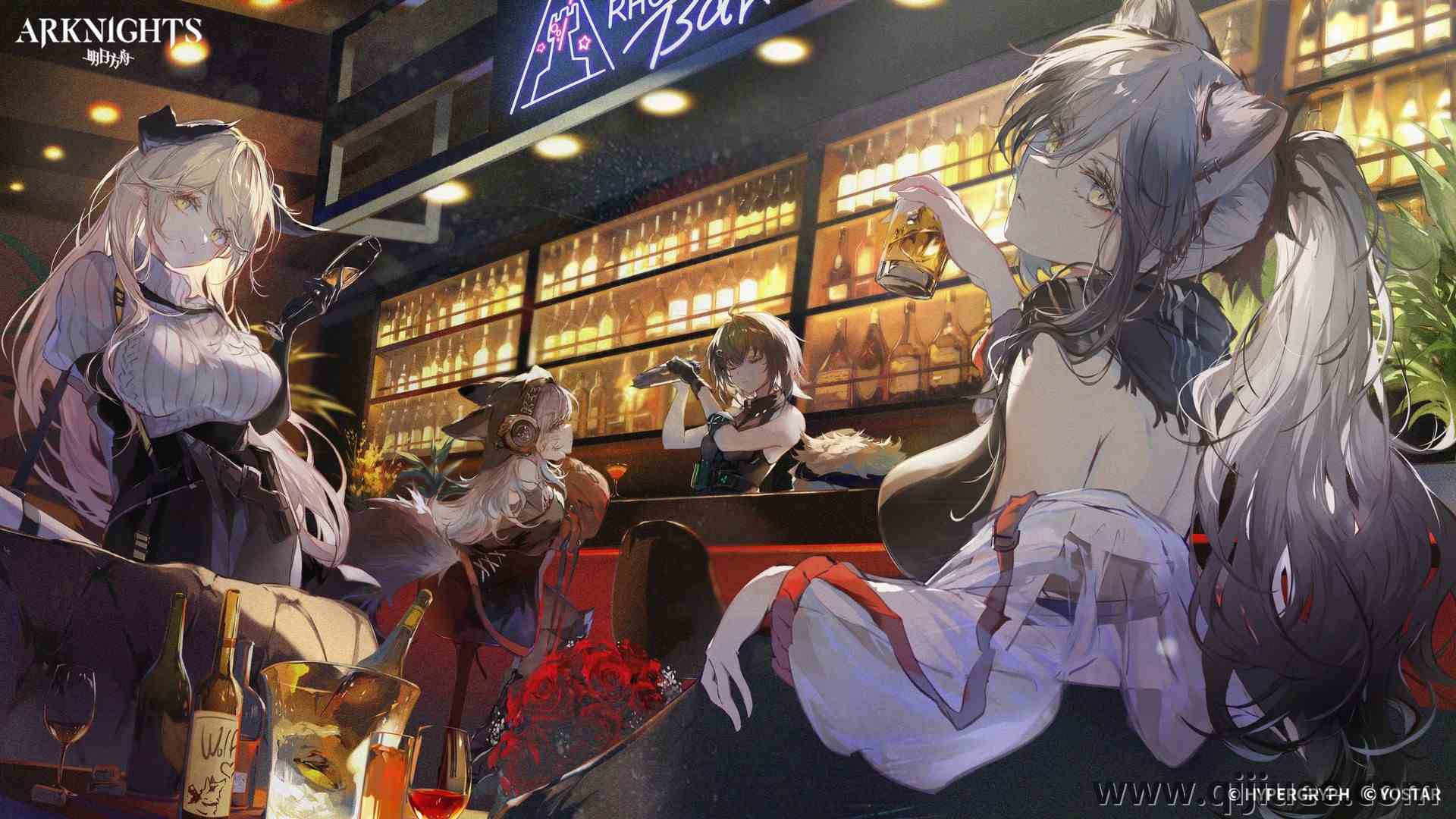 酒吧 动漫 动漫女孩 手绘 酒杯 酒瓶 明日方舟 礼服 耳朵 兽耳 尾巴 4K壁纸6222 x 3500/3.91 MB-柒染云阁