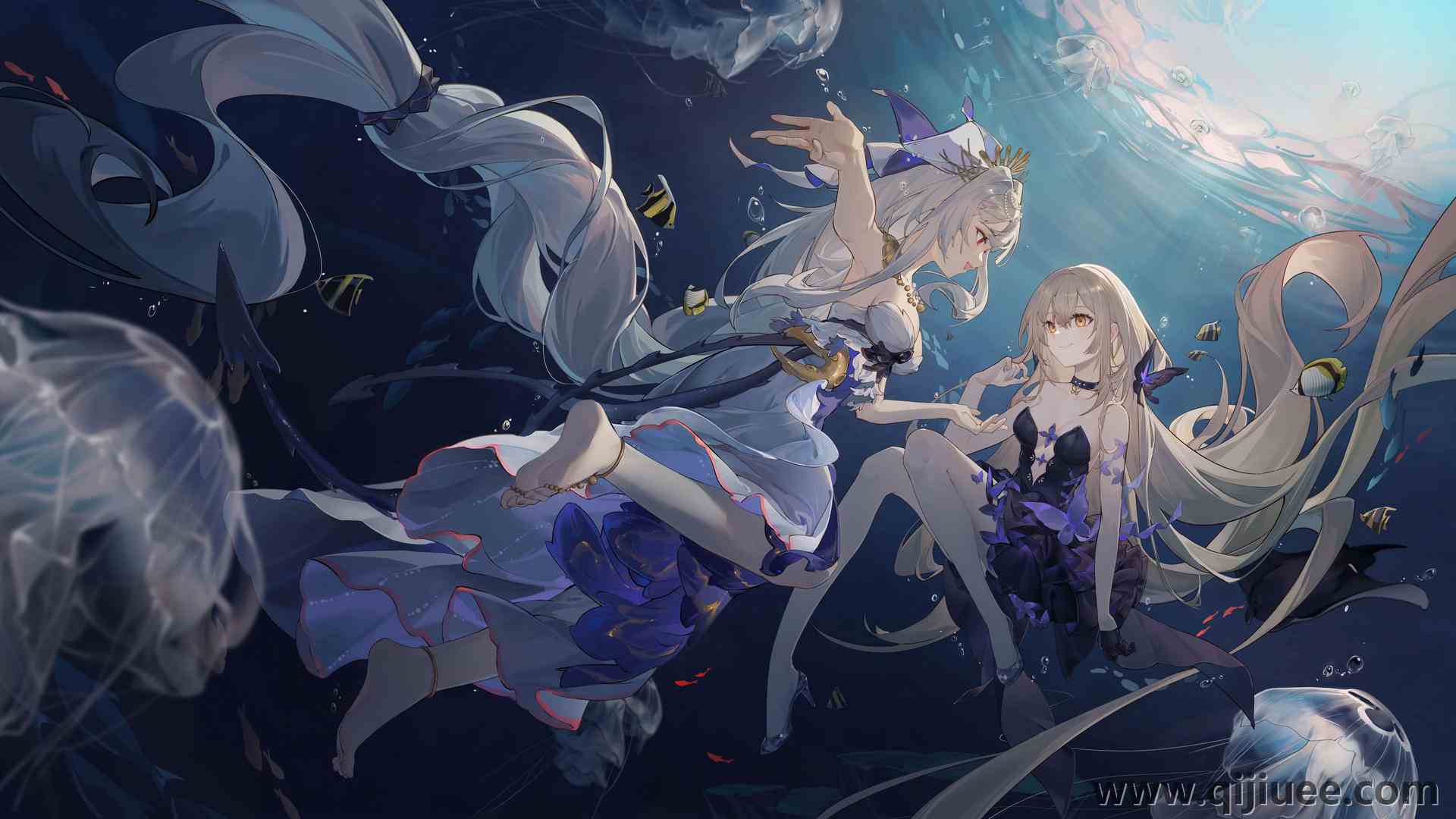 长发 腿 动漫 动漫女孩 水下 水母 鱼 水 炼金术 阳光 连衣裙 4K壁纸5760 x 3240/1.63 MB-柒染云阁