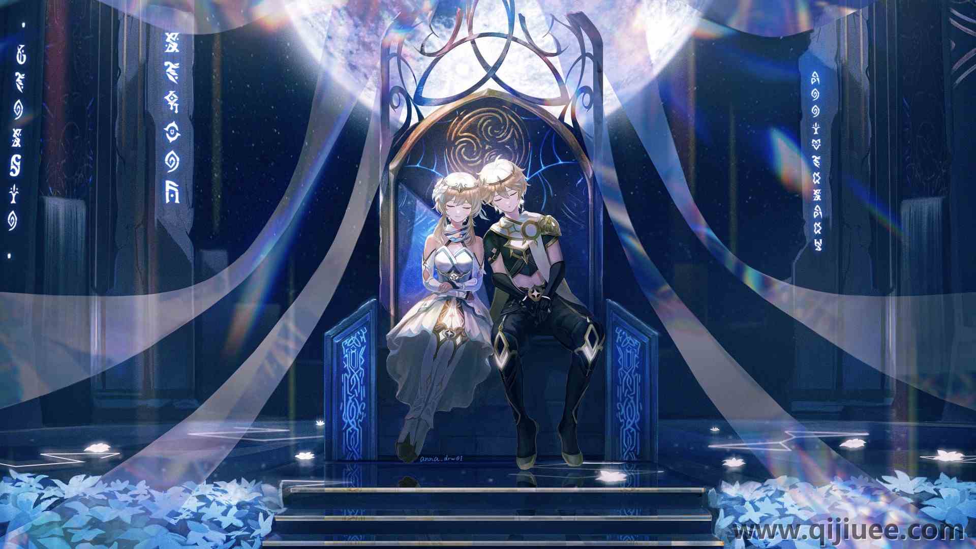坐着 闭眼睛 原神 电子游戏 王座 动漫女孩 动漫男孩 楼梯 鲜花 8K壁纸9076 x 4929/10.59 MB-柒染云阁