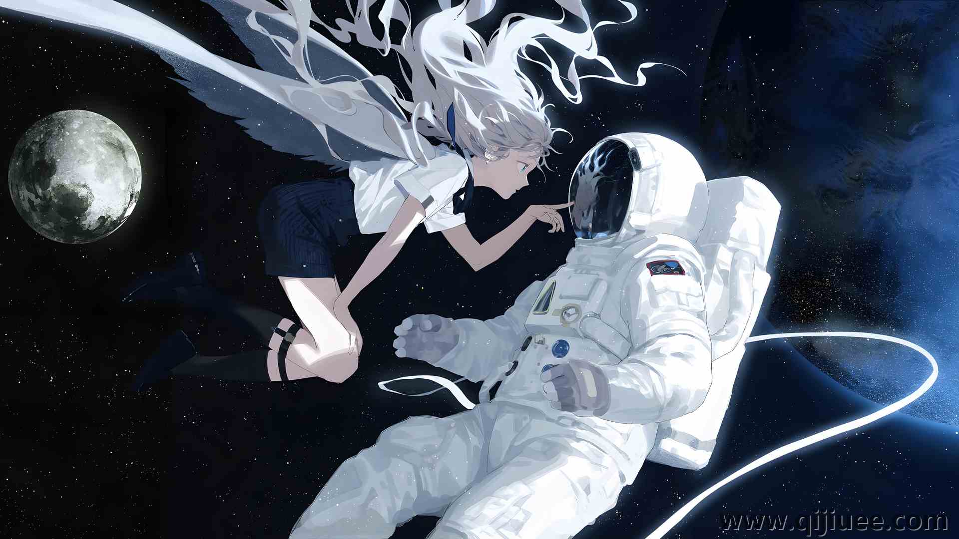 白发 个人资料 动漫 动漫女孩 地球 月球 太空 星星 宇航服  4K壁纸3840 x 2160/1.92 MB-柒染云阁