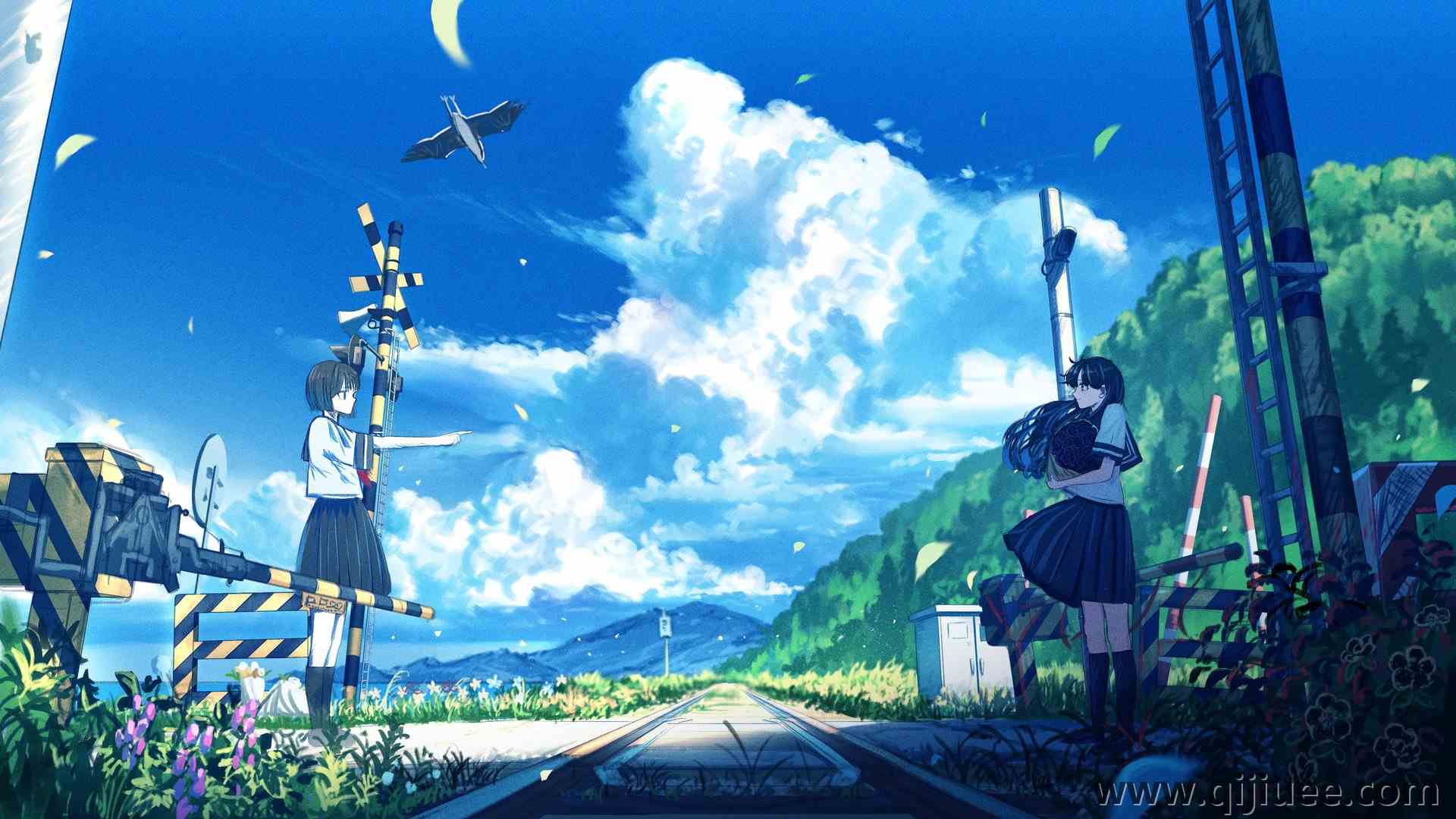 手指 站立 校服 动漫 女孩 铁路 道口 积云 黑裙子 风 云 鸟 花 天空 黑袜子 树叶 花束 4K壁纸4096 x 2304/1.93 MB-柒染云阁