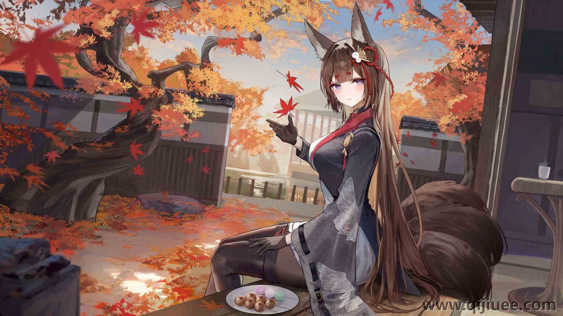 坐着 长发 黑发 蓝眼睛 耳朵 尾巴 动漫 女孩 连裤袜 高跟鞋 尾巴 黑手套 头饰 落叶 盘子 食物 流苏 4K壁纸5400 x 3038/1.61 MB-柒染云阁
