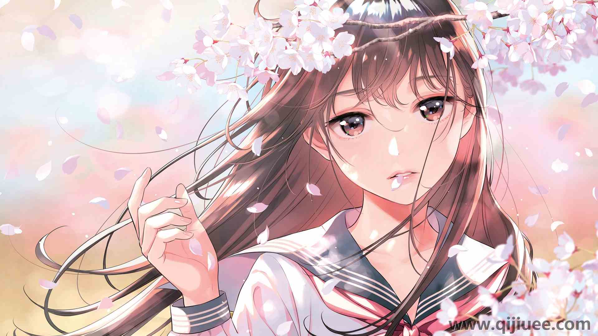 长发 女学生 原创人物 盛仓恩 深色头发 AI艺术 动漫 动漫女孩 素描 数字绘画 校服 自然 樱花 肖像 插图 环境 棕色眼睛 3840 x 2160/1.85 MB-柒染云阁