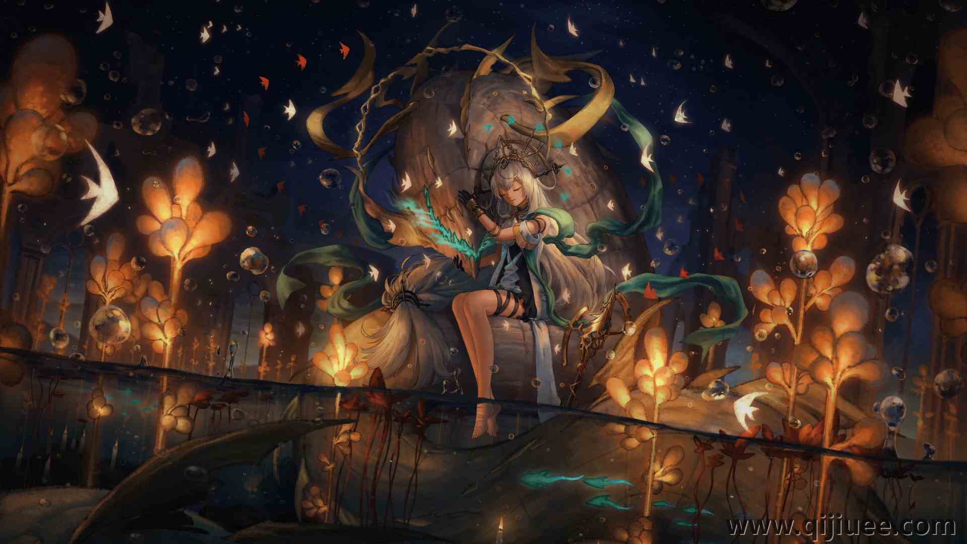 坐着 闭着眼睛 长发 脚 白发 神枪手 斯卡迪 神枪手 动漫女孩 手套 蜡烛 水 动物7802 x 5363/15.02 MB-柒染云阁