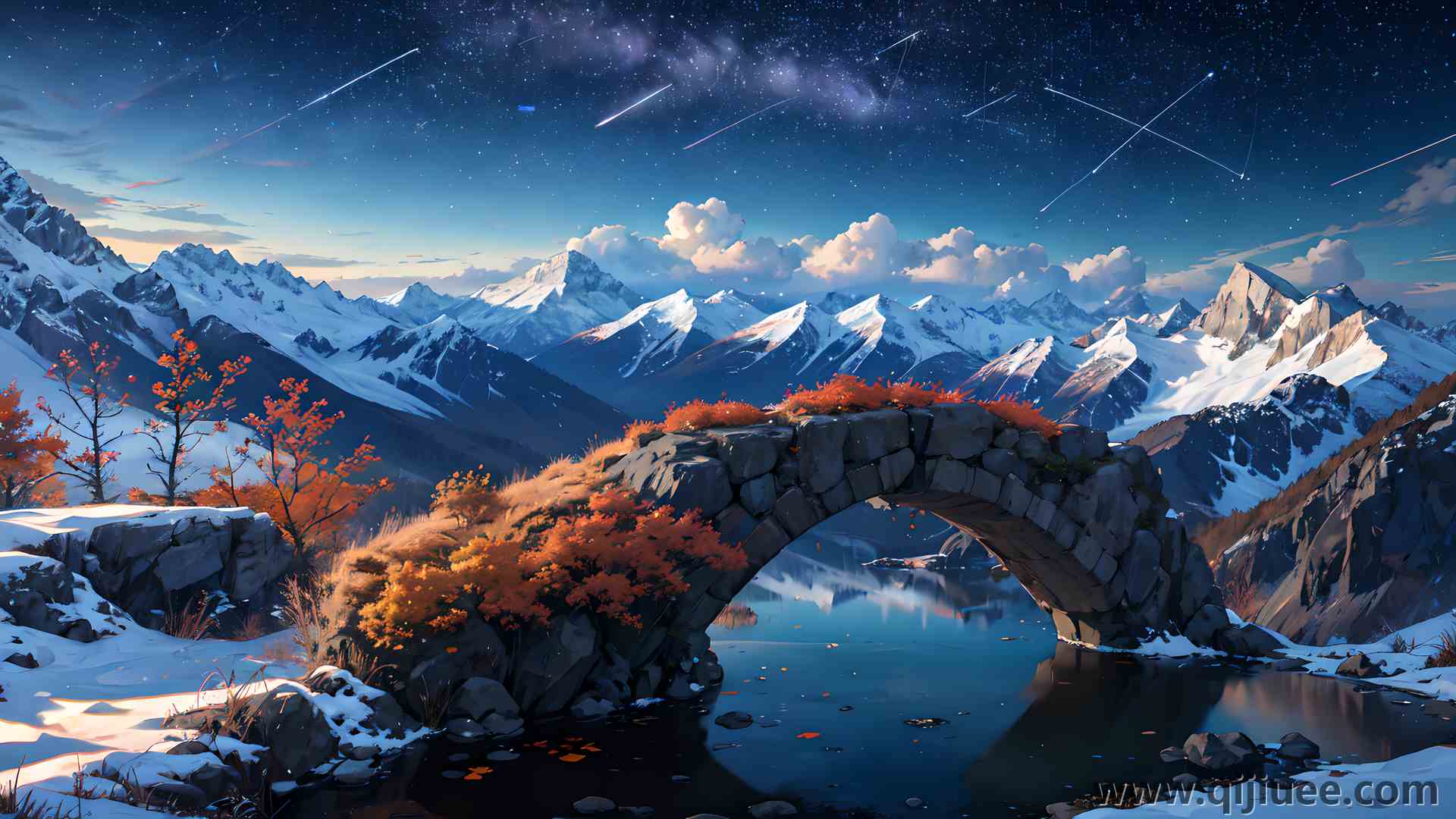 艺术 雪峰 水 拱桥 积雪 山 枫叶 自然 雪 反射 星星 星空 天空 3840 x 2160/9.44 MB-柒染云阁
