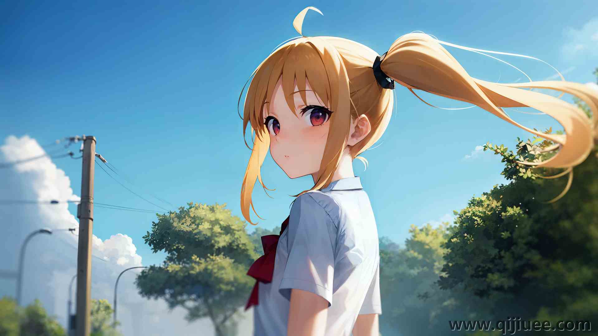 马尾辫 女学生 动漫女孩 艺术 动漫 云 树 校服 回头看 3840 x 2160/10.74 MB-柒染云阁