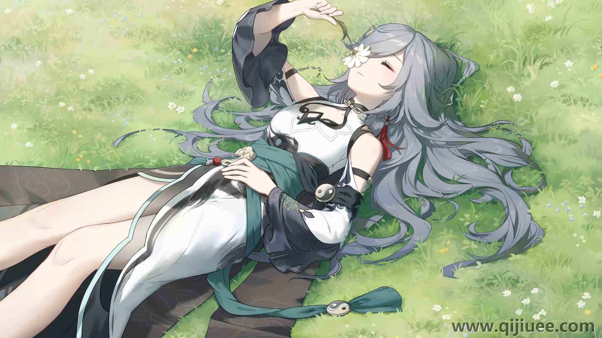 富华 长发 仰卧 幻想女孩 腿 头发在脸上 闭上眼睛 动漫 动漫女孩 灰色头发 花 幻想艺术 草 户外 4500 x 2781/3.42 MB-柒染云阁