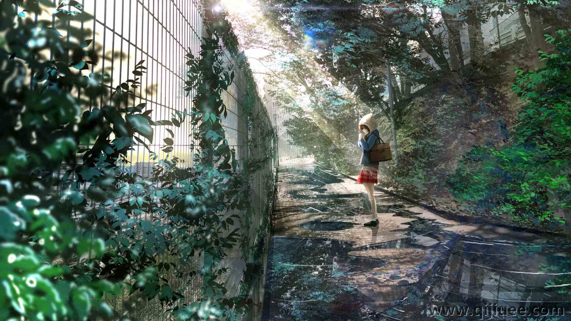 女学生 动漫女孩 树叶 袋 阳光 校服 围栏 反射 水坑 4096 x 2650/2.24 MB-柒染云阁