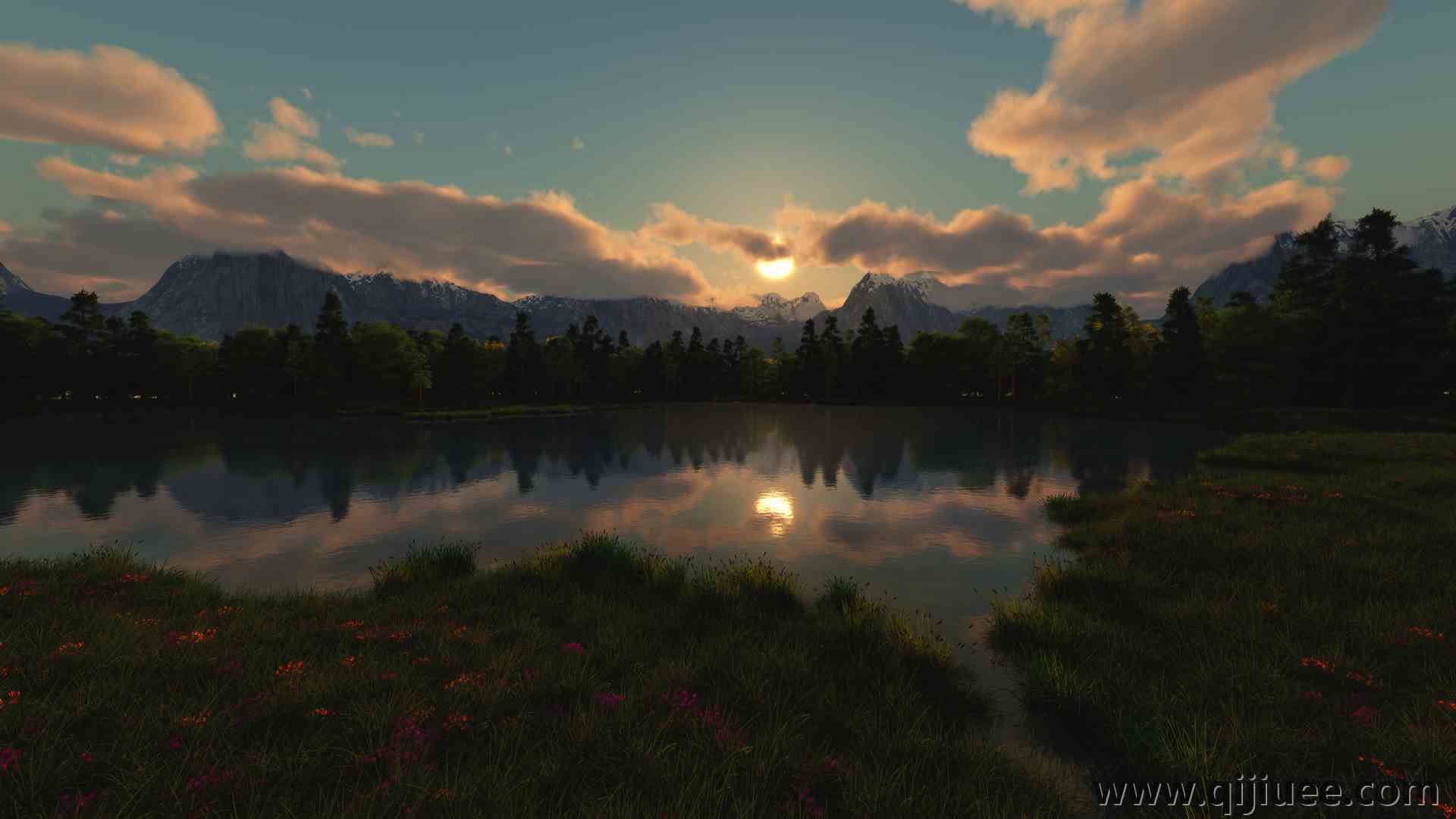 风景 自然 湖泊 云 太阳 反射 树 山 草 AI艺术 4K壁纸3840 x 2160/5.49 MB-柒染云阁