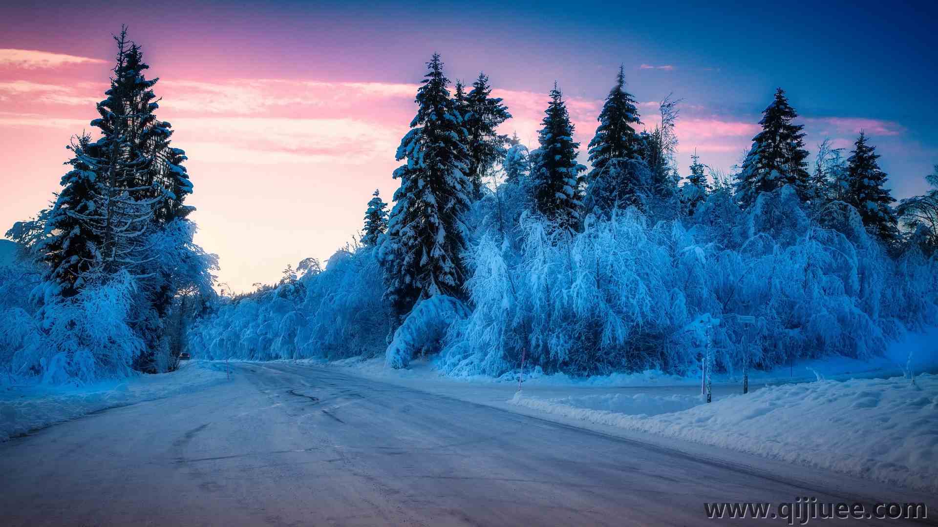 冬天 户外 冰 寒冷 雪 道路 紫色天空 阳光 4K壁纸3840 x 2160/2.69 MB-柒染云阁