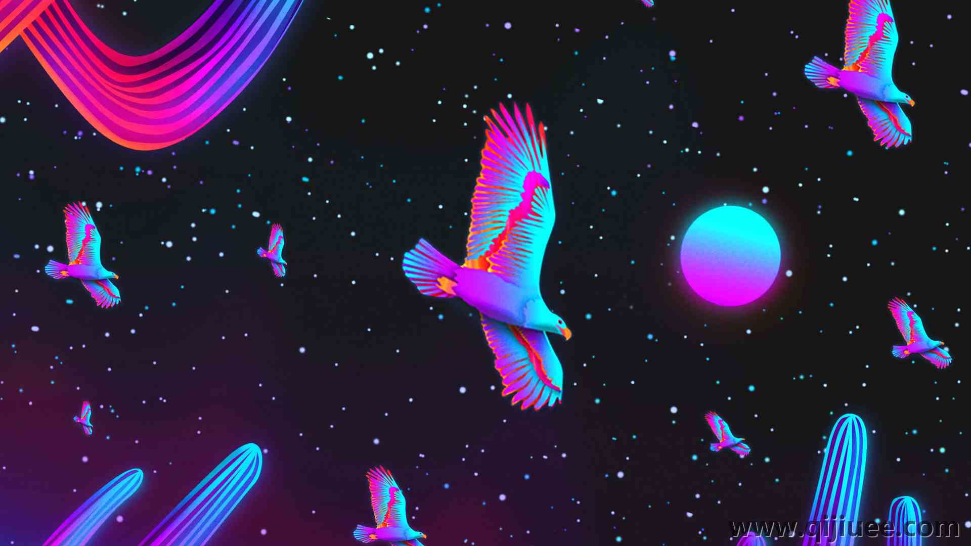 数码艺术 插图 素描 数码绘画 夜 天空 天空 鸟 沙漠 仙人掌 月亮 月光 夜空 黑暗 霓虹 星星 星夜 星空 风景 鹰 飞 飞 合成波 合成波 汽波 逆波 3840 x 2160/1.72 MB-柒染云阁