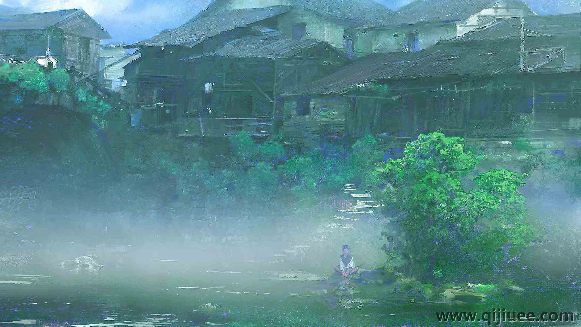 艺术 自然 树木 村庄 河边 河流 女孩 小孩 4K壁纸3840 x 2235/3.44 MB-柒染云阁