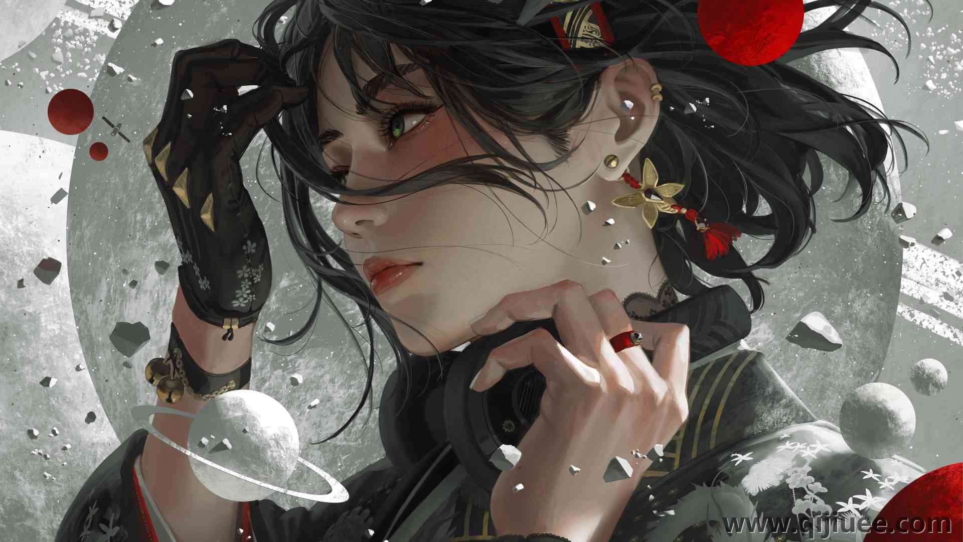 女人 绿眼睛 脸 绘画 特写 耳机 行星 卫星 耳环 手套 流苏 耳环 黑发 头带 8K壁纸10000 x 6818/12.49 MB-柒染云阁