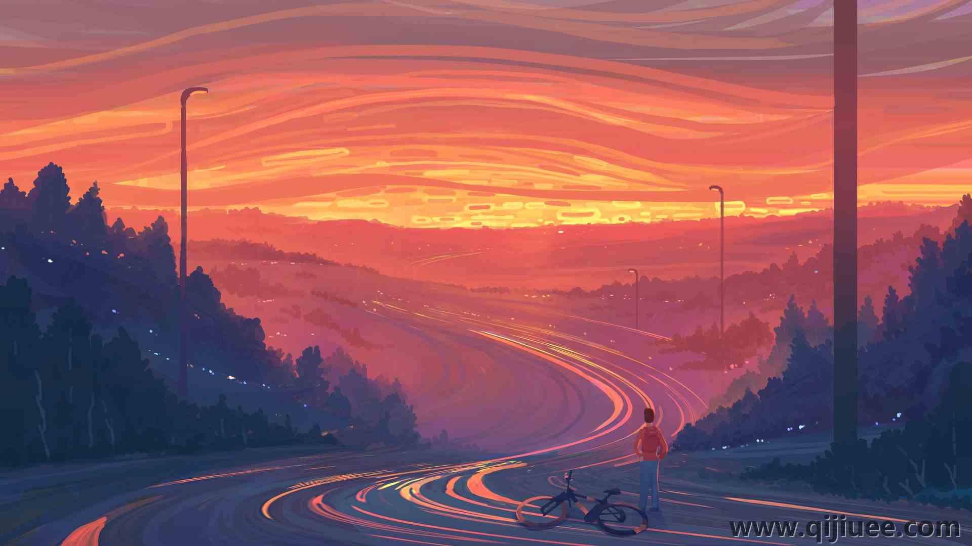 道路 日落 自行车 插画风格 自由向往3840 x 2160/0.51 MB-柒染云阁